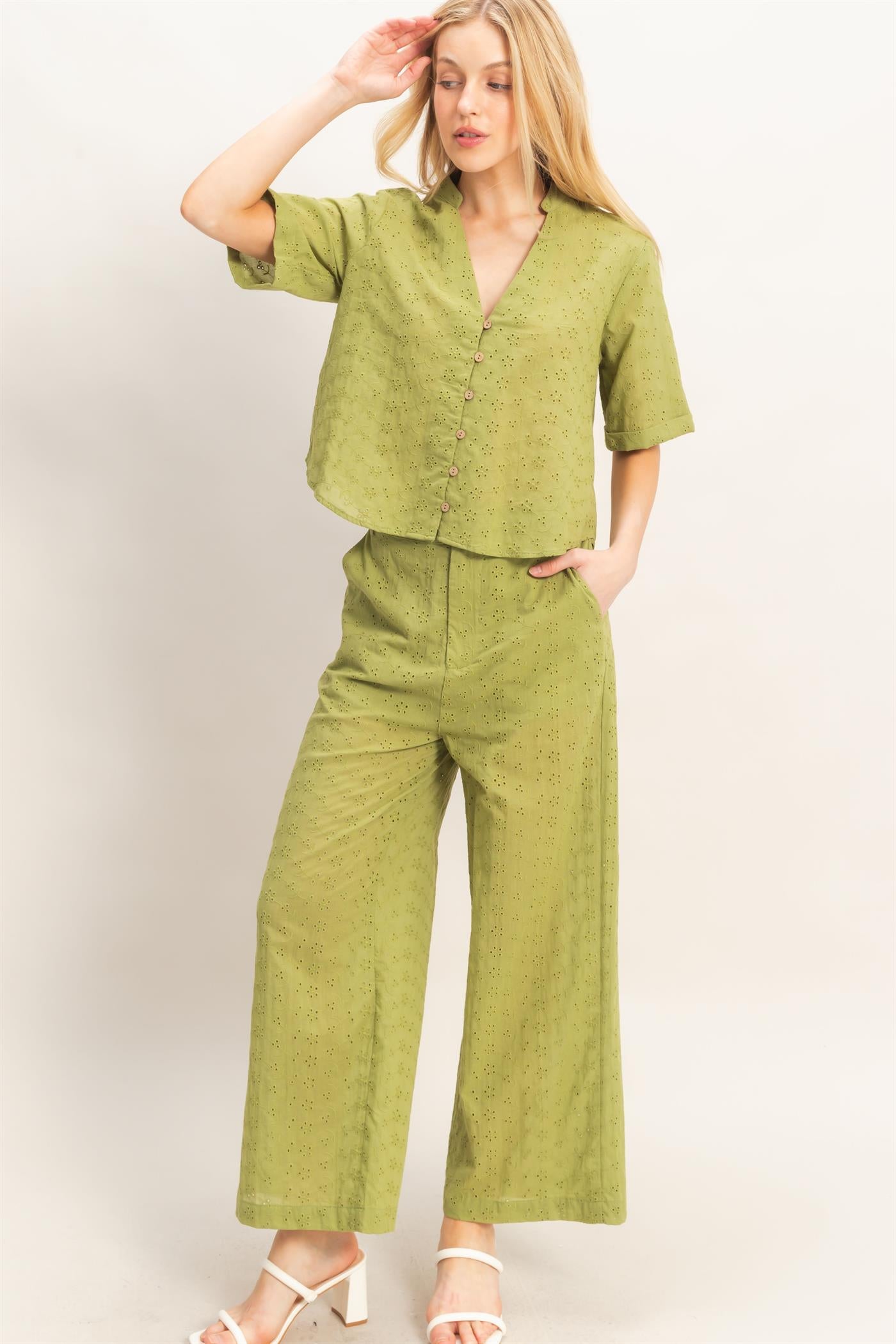 Wholesale Floral Eyelet Pants Pants HF26C542 LIGHT OLIVE HYFVE