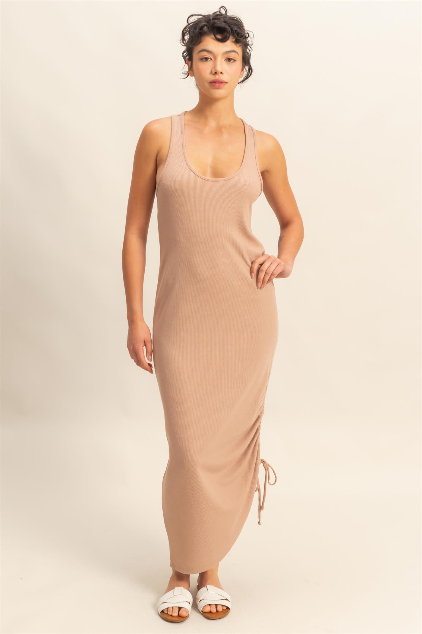 Wholesale Scoop Neck Side Tie Detail Midi Dress Dresses DZ25C152 DARK TAUPE DOUBLE ZERO