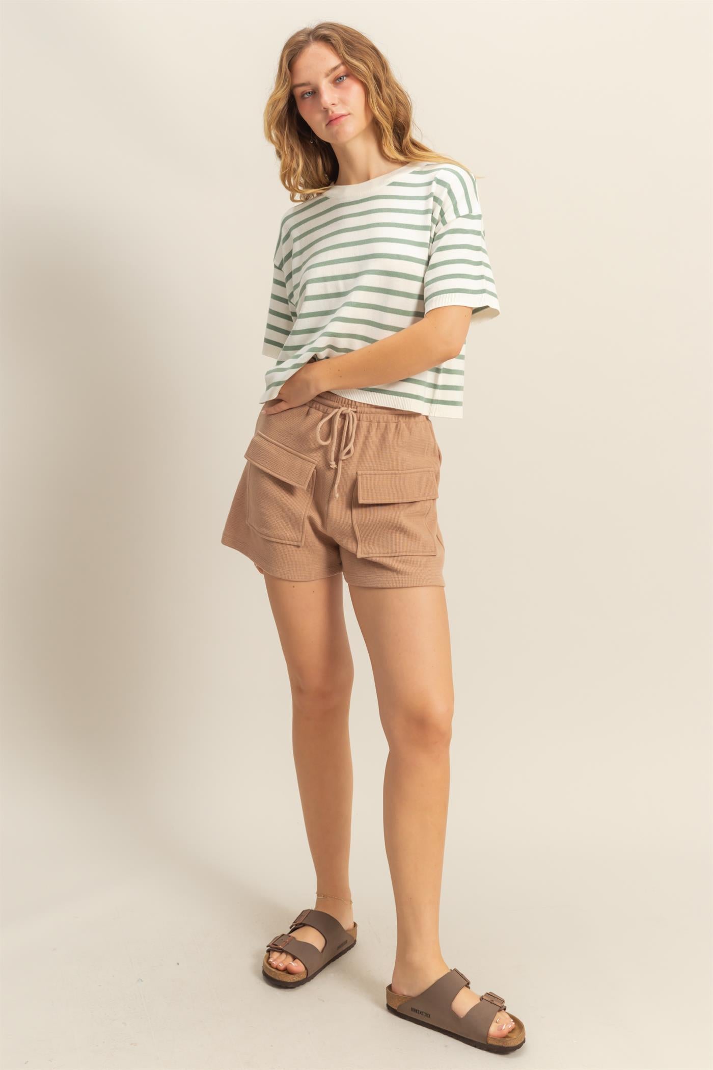 Wholesale Waffle Knit Front Pocket Shorts Shorts DZ25A793 DARK TAUPE DOUBLE ZERO