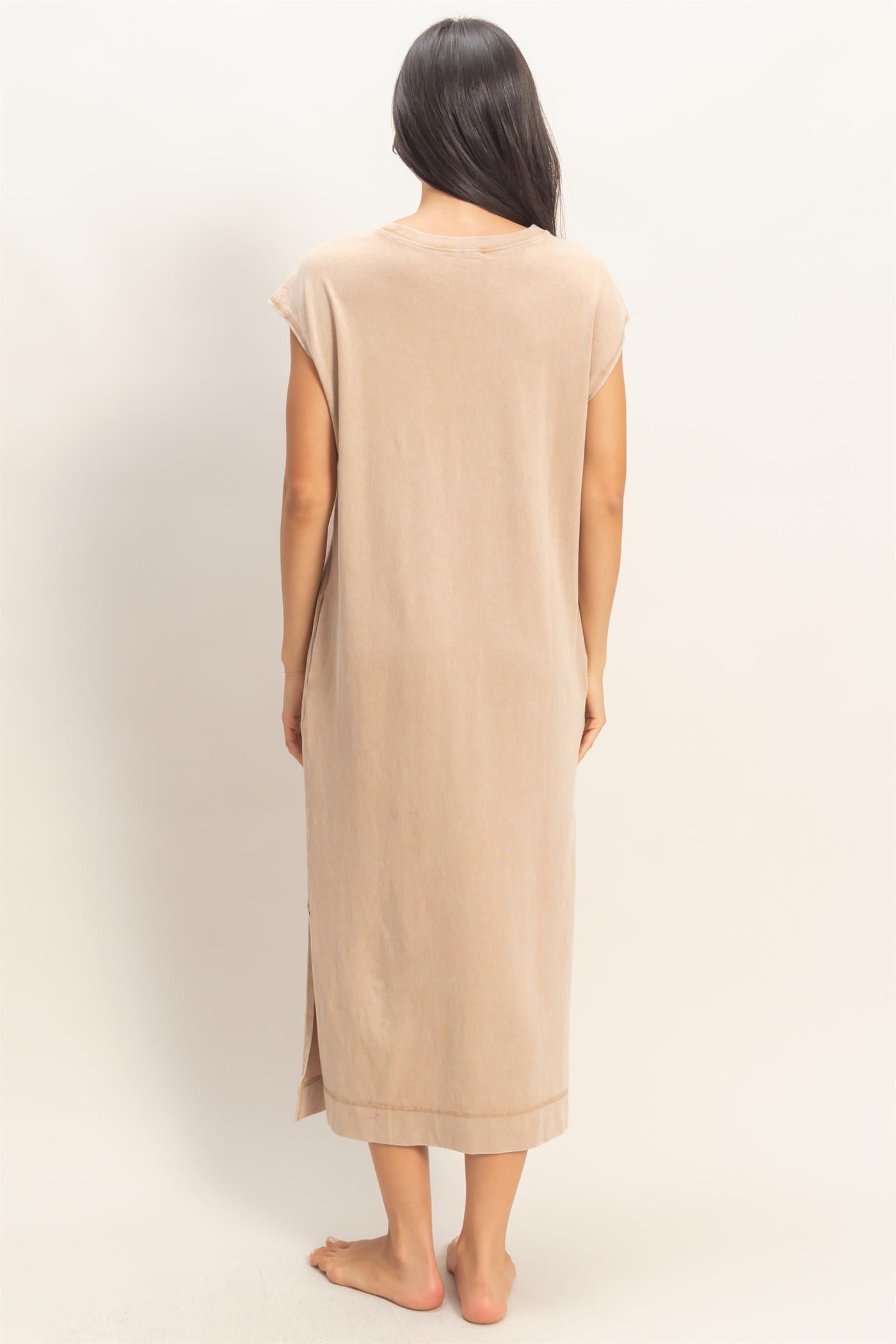 Wholesale Mineral Wash Cap Sleeve Midi Dress Dresses DZ26A049 DARK TAUPE DOUBLE ZERO