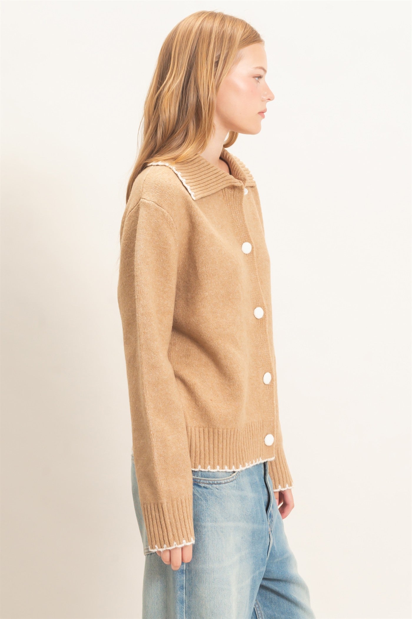 Wholesale Blanket Stitch Collared Cardigan Cardigans HF26F356 CAMEL HYFVE