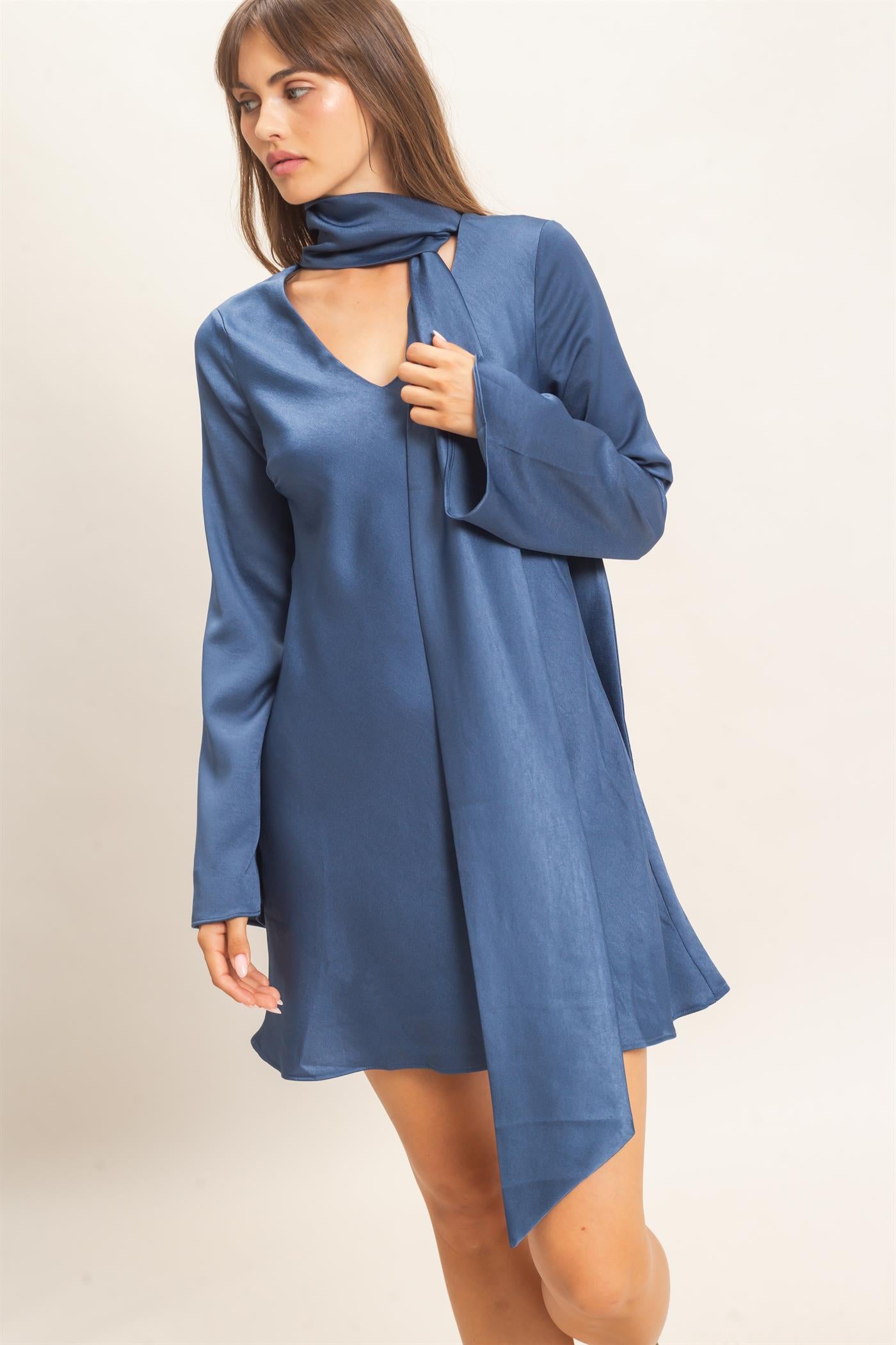 Wholesale Bias Satin Dress With Scarf Dresses HF26E928 MIDNIGHT BLUE HYFVE