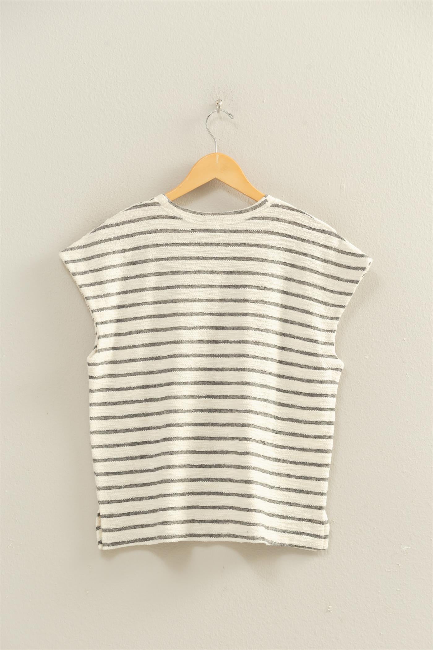 Wholesale Striped Round Neck Short Sleeve Top Clothing Tops DZ26A754 BLACK DOUBLE ZERO