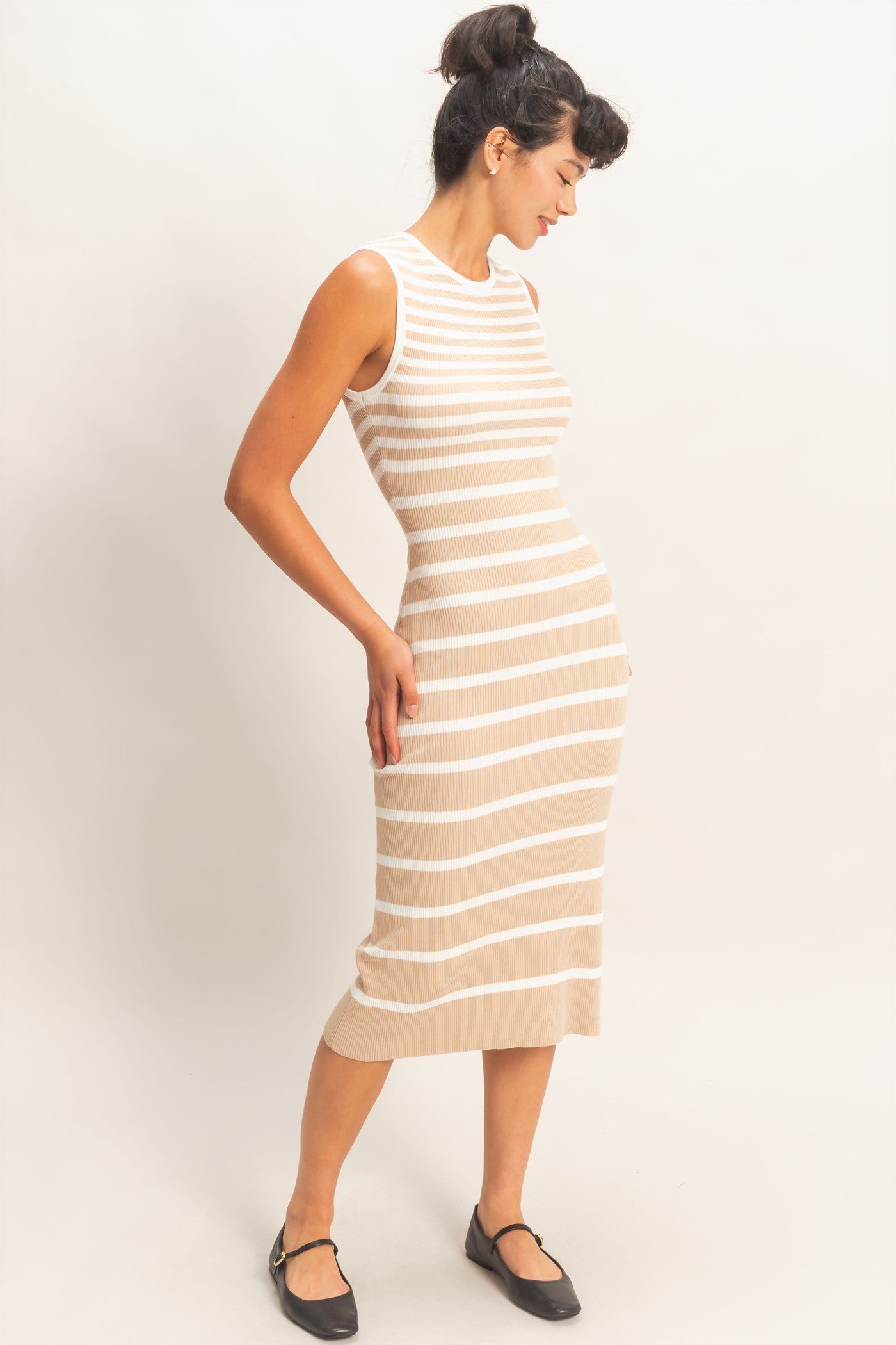 Wholesale Striped Ribbed Tank Midi Dress Dresses DZ26A797 TAUPE DOUBLE ZERO