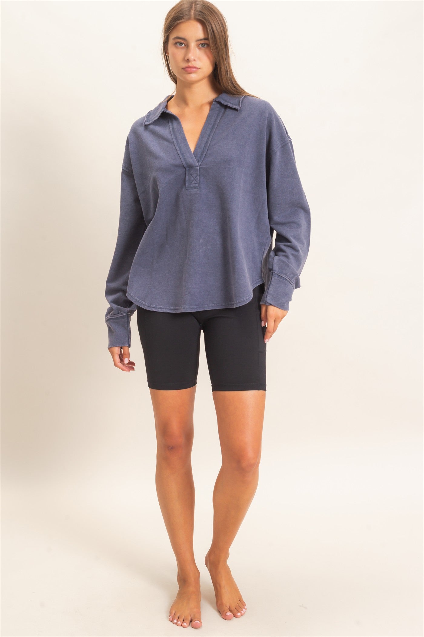 Wholesale Mineral Washed Polo Collar Long Sleeve Top Polos DZ26E887 NAVY DOUBLE ZERO