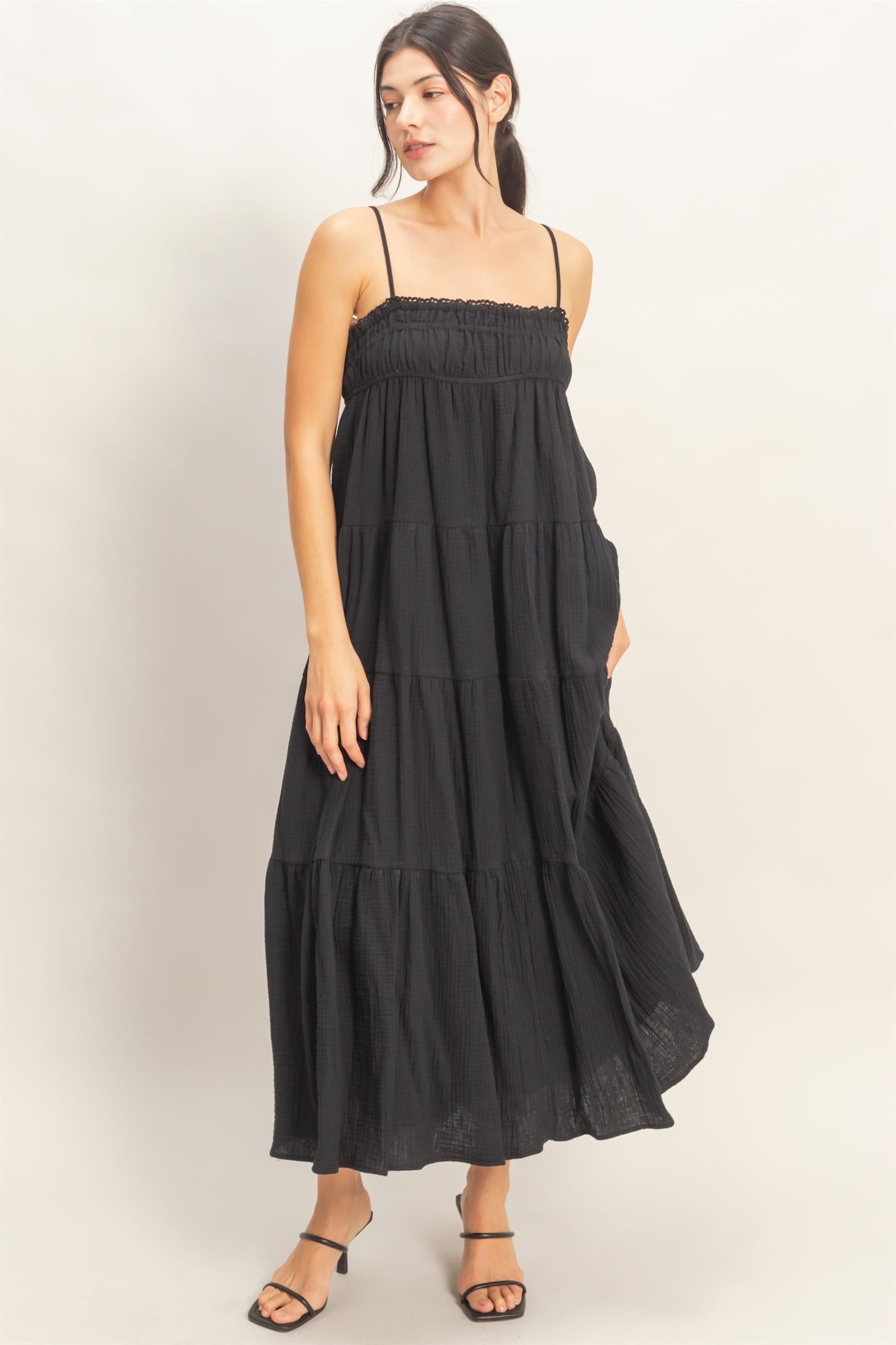Wholesale Smocked Tiered Maxi Dress Dresses HF26C303 BLACK HYFVE