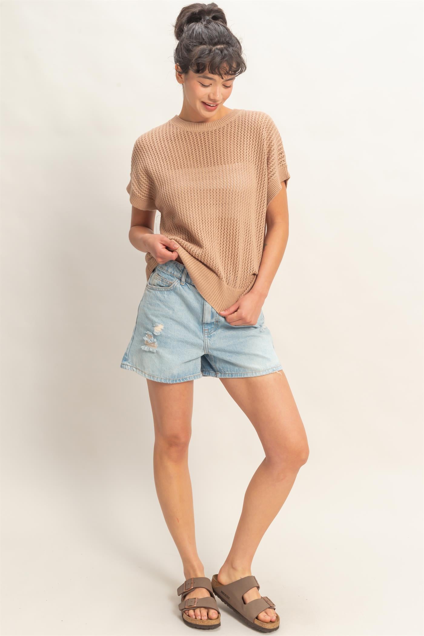 Wholesale Open-Knit Dolman Sleeve Top Clothing Tops DZ26A334 DARK TAUPE DOUBLE ZERO