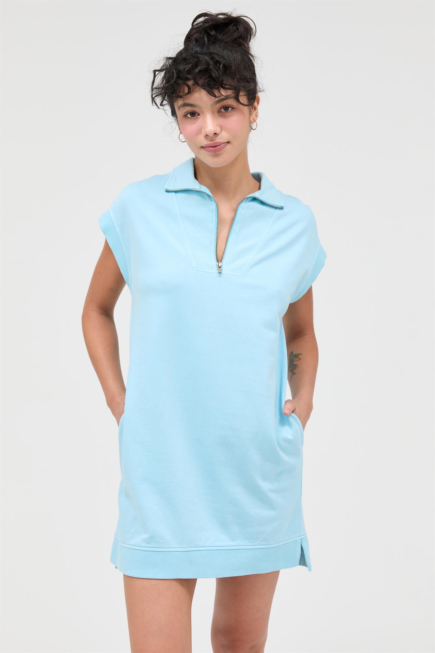 Wholesale Half Zip Up Mock Neck Mini Dress Dresses DZ26A030 BLUE DOUBLE ZERO