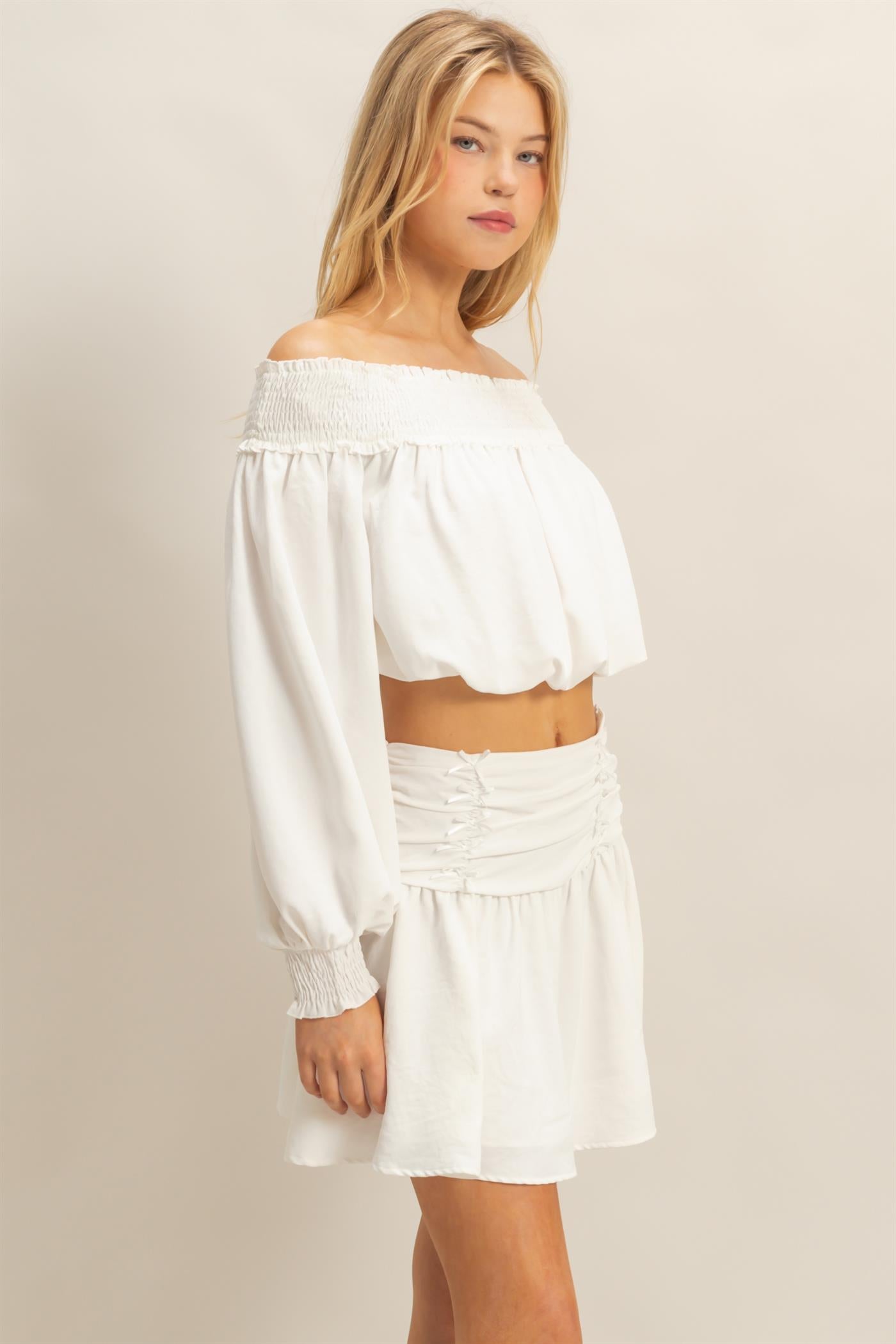 Wholesale Romantic Off Shoulder Top And Gathered Skirt Set Clothing HF25A243-SET OFF WHITE HYFVE