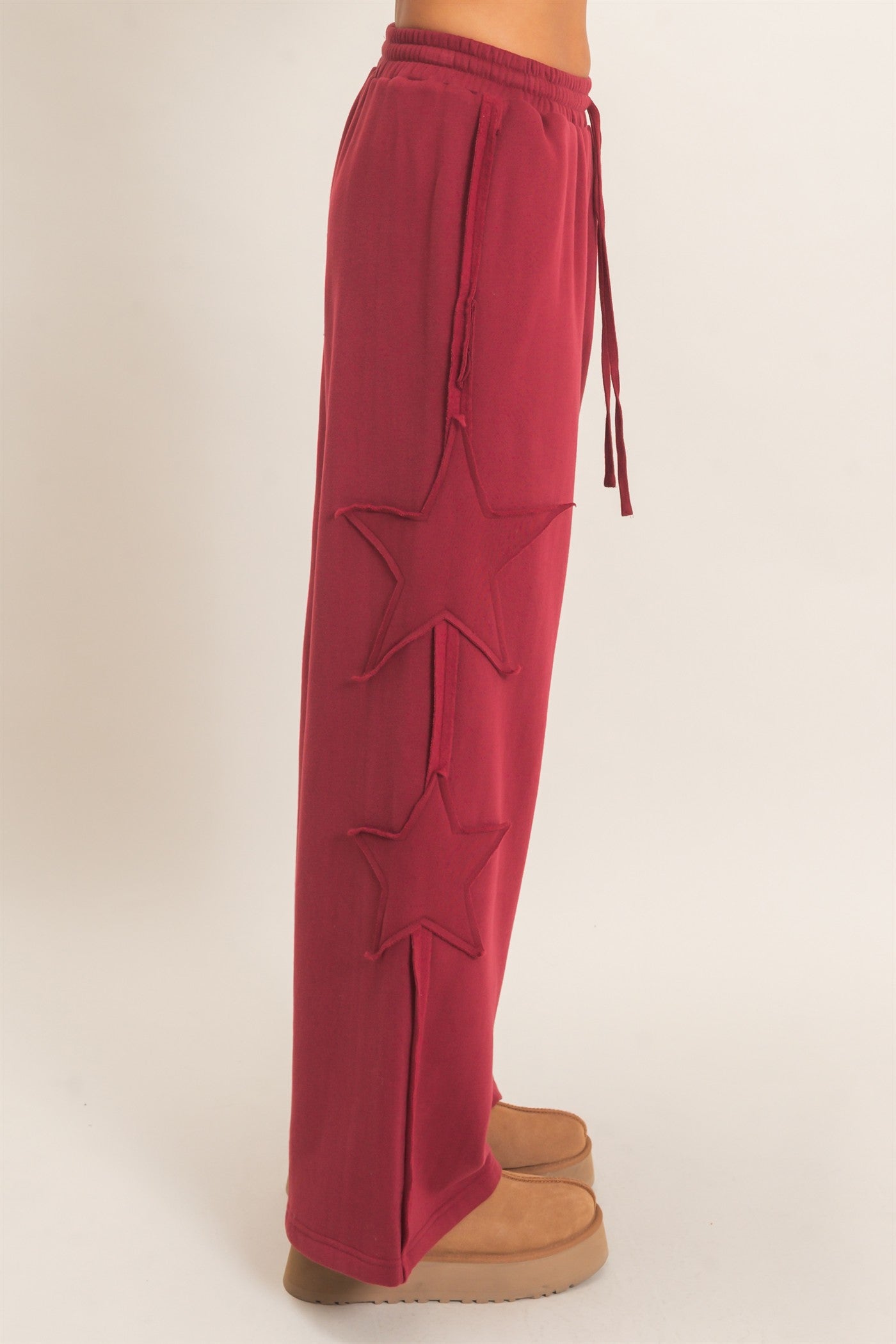 Wholesale French Terry Star Patch Sweatpants Pants DZ27A197 BURGUNDY DOUBLE ZERO