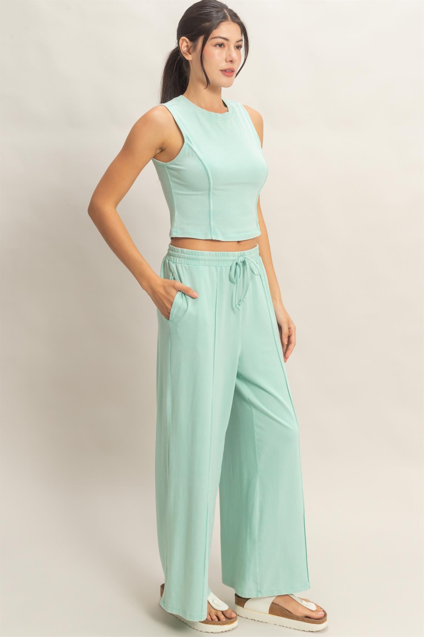 Wholesale Mineral Washed Sleeveless Top & Wide Leg Pants Set Clothing DZ26A371-SET TURQUOISE DOUBLE ZERO