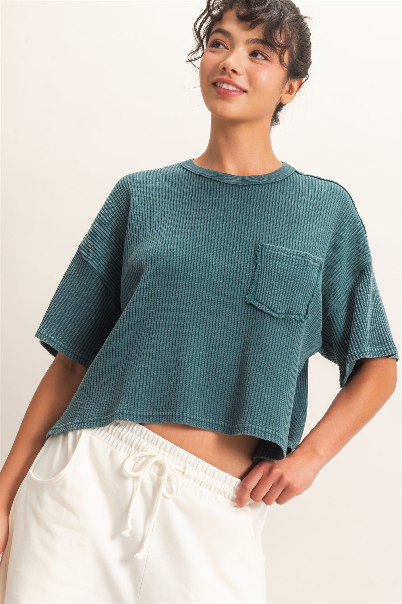 Wholesale Mineral Wash Waffle Knit Pocket Top Clothing Tops DZ26E222 DARK TEAL DOUBLE ZERO
