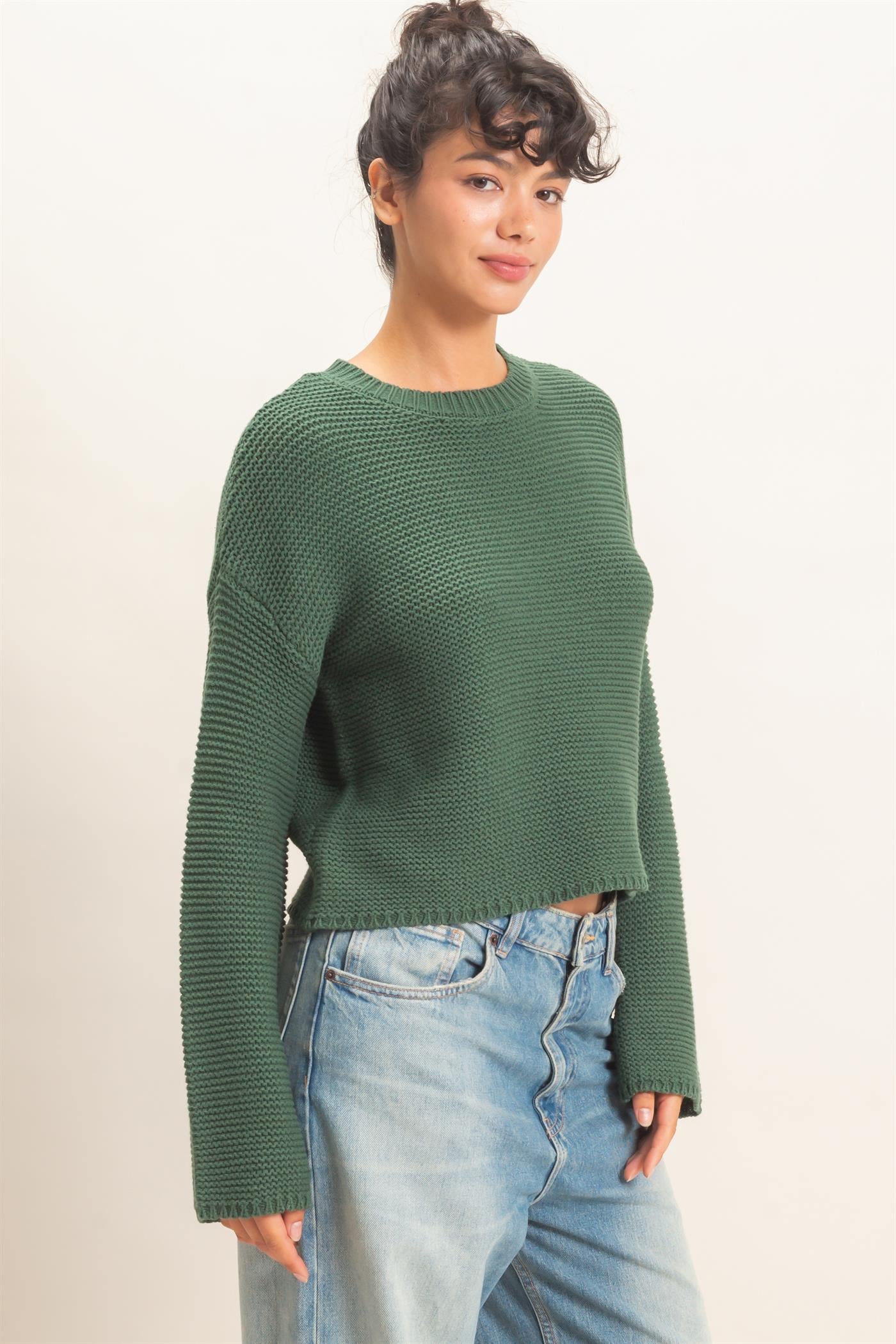 Wholesale Textured Knit Crew Neck Sweater Sweaters DZ26F395 DARK GREEN DOUBLE ZERO