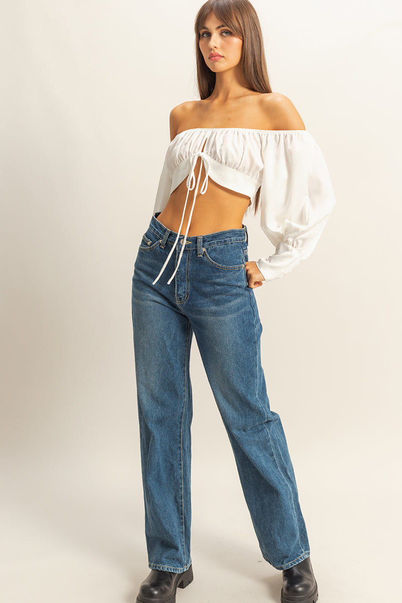 Wholesale Off The Shoulder Satin Crop Top Clothing Tops FS22E582 OFF WHITE HYFVE