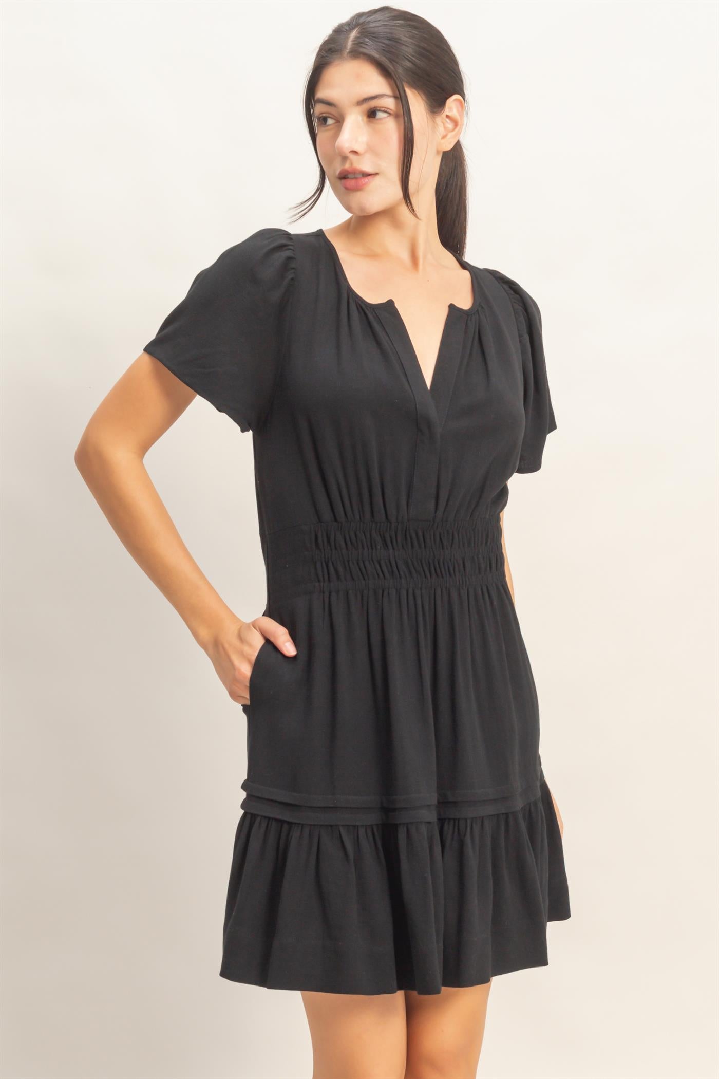 Wholesale Short Sleeve Tuck Skirt Dress Dresses HF26A194 BLACK HYFVE