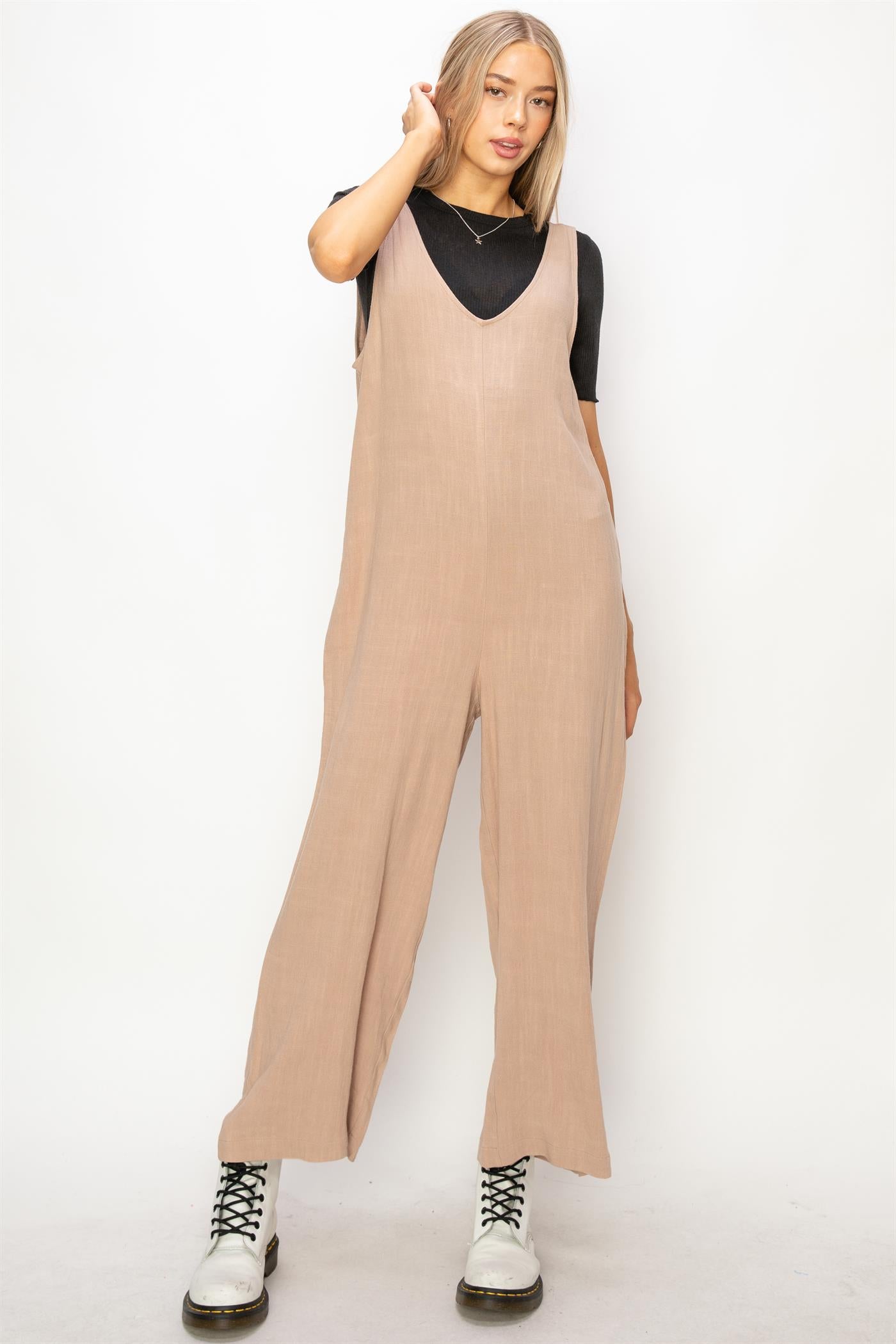 Wholesale Linen Sleeveless Jumpsuit One-Pieces DZ24A886 TAN DOUBLE ZERO