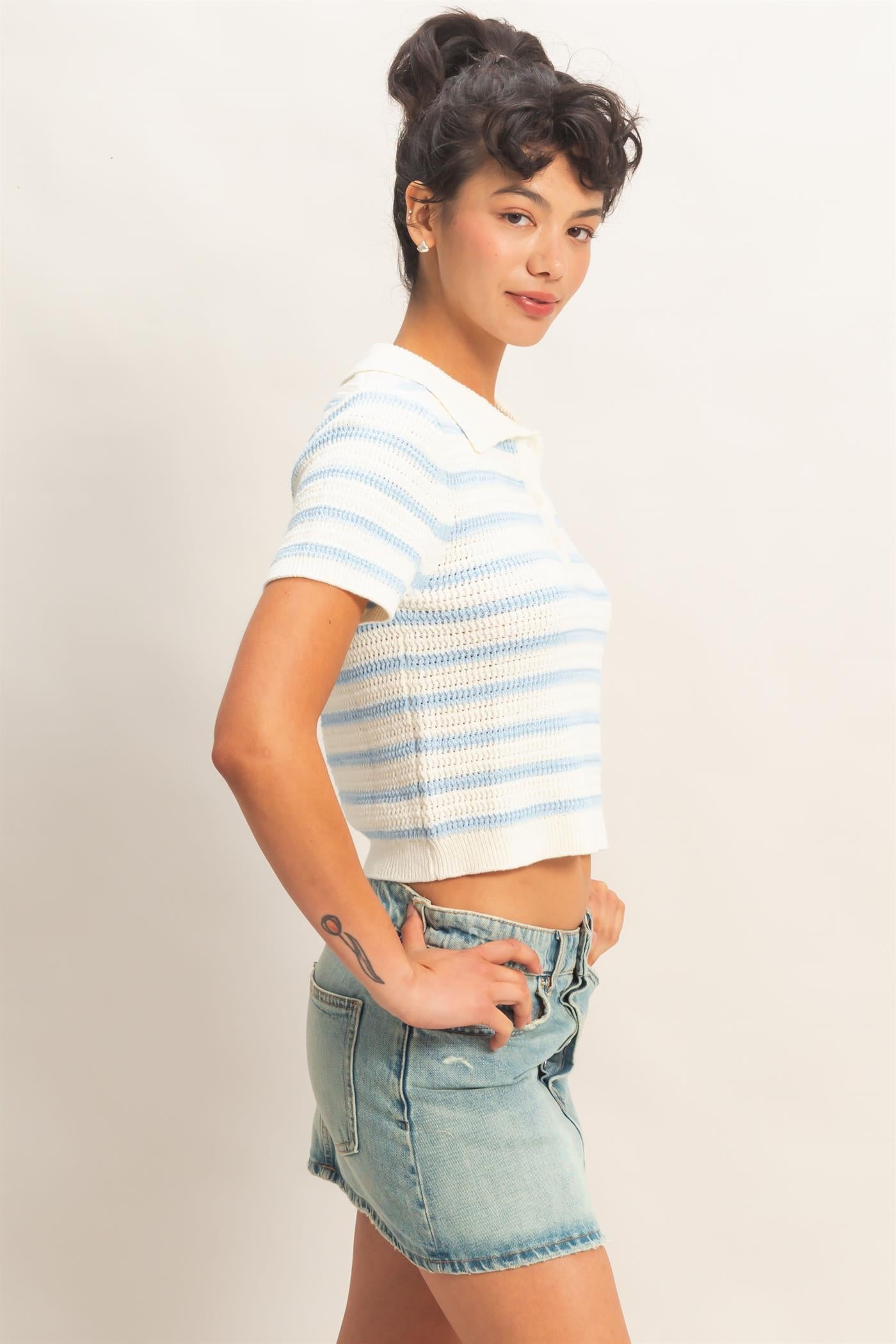 Wholesale Short Sleeve Striped Knit Polo Clothing Tops DZ26A603 ICE BLUE DOUBLE ZERO