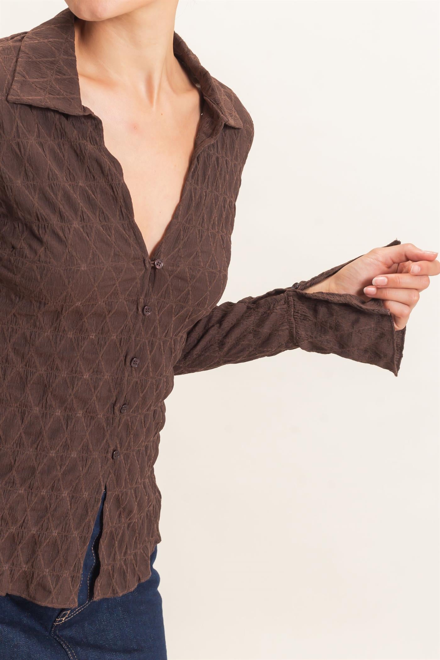 Wholesale Textured Button-Up Collared Top Shirts HF26E062 CHESTNUT HYFVE
