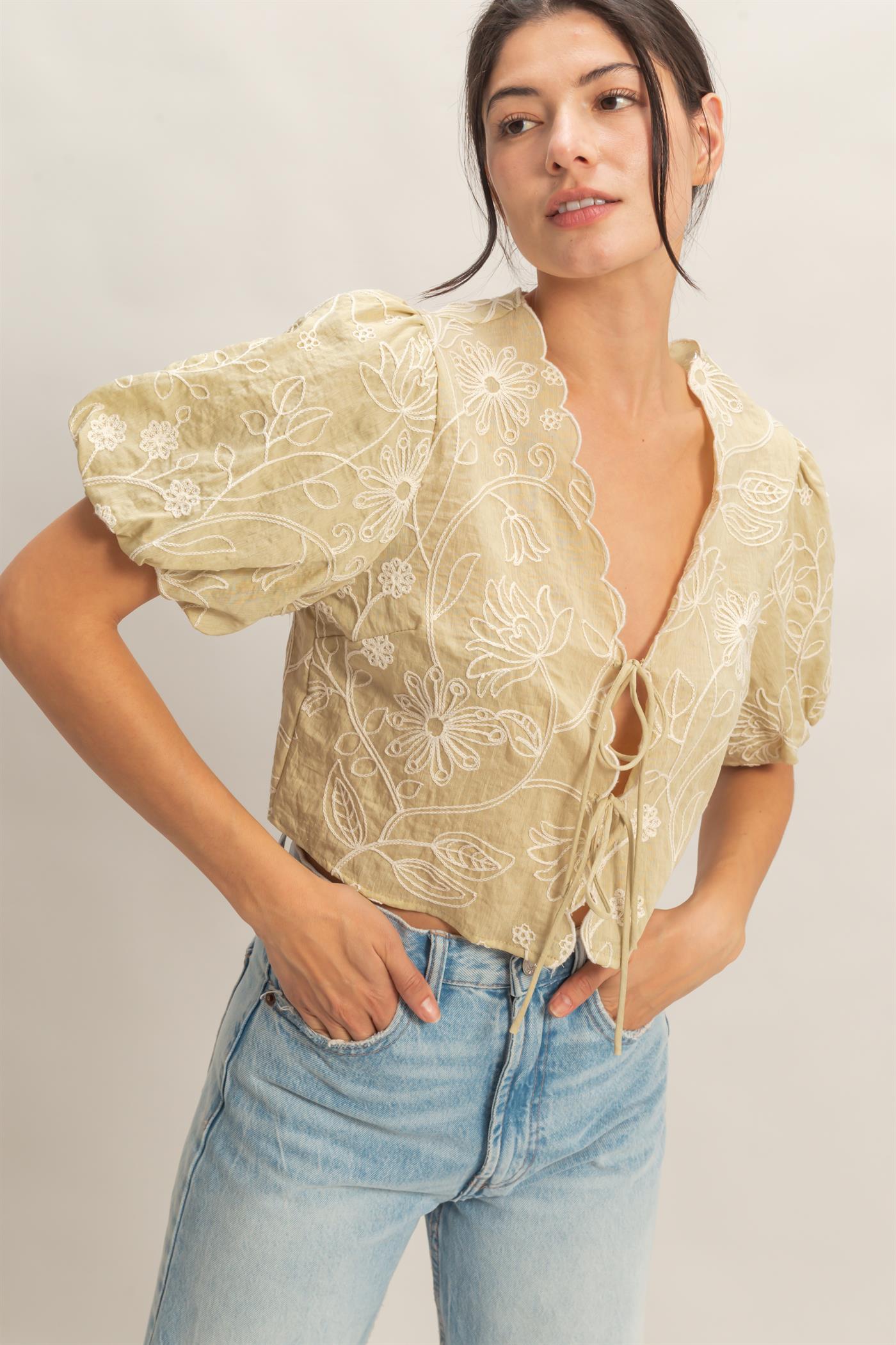 Wholesale Floral Embroidered Tie-Front Top Blouses HF26C556-D LIGHT SAGE HYFVE