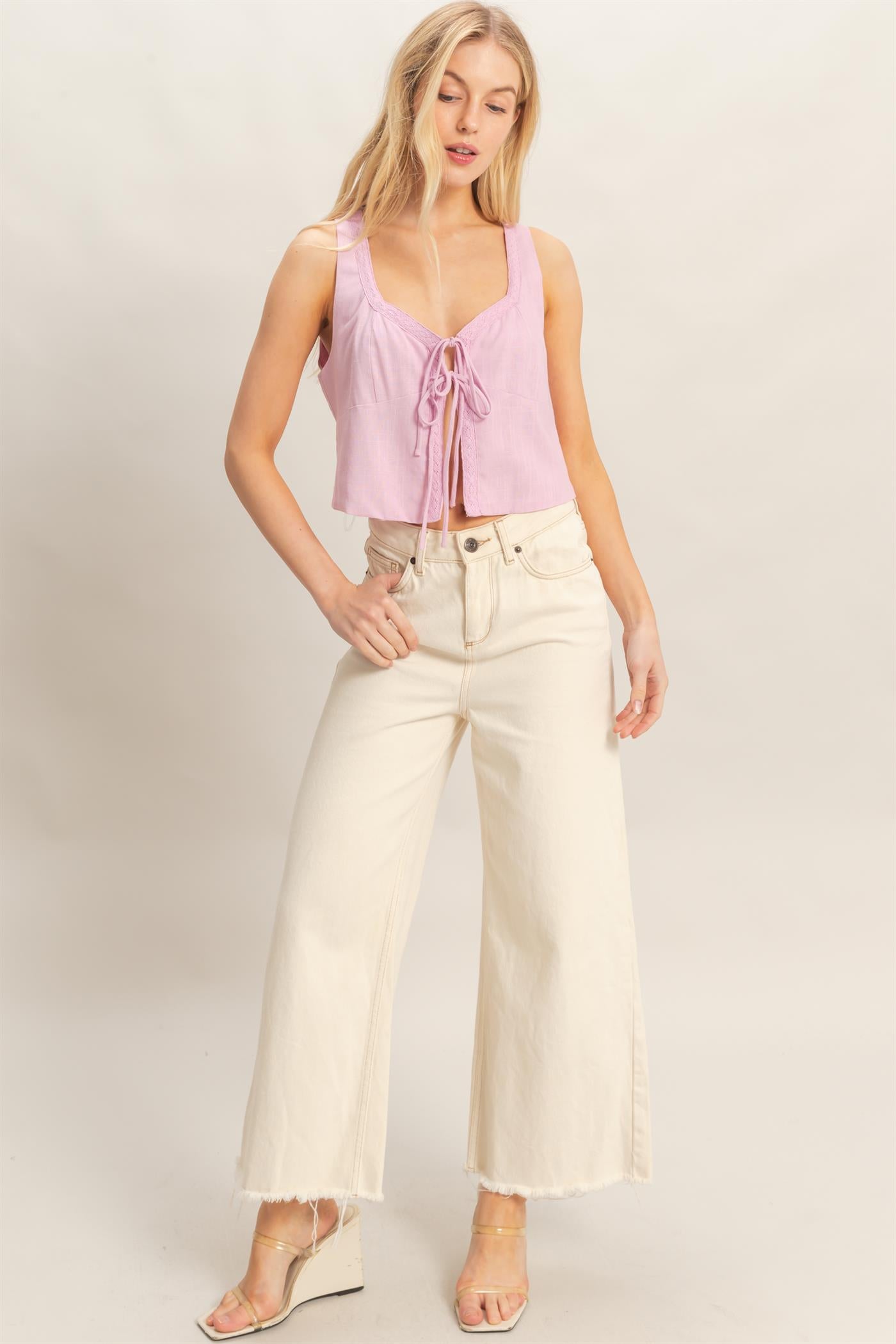 Wholesale Sleeveless Tie-Front Top Blouses HF26C298 PINK LAVENDER HYFVE
