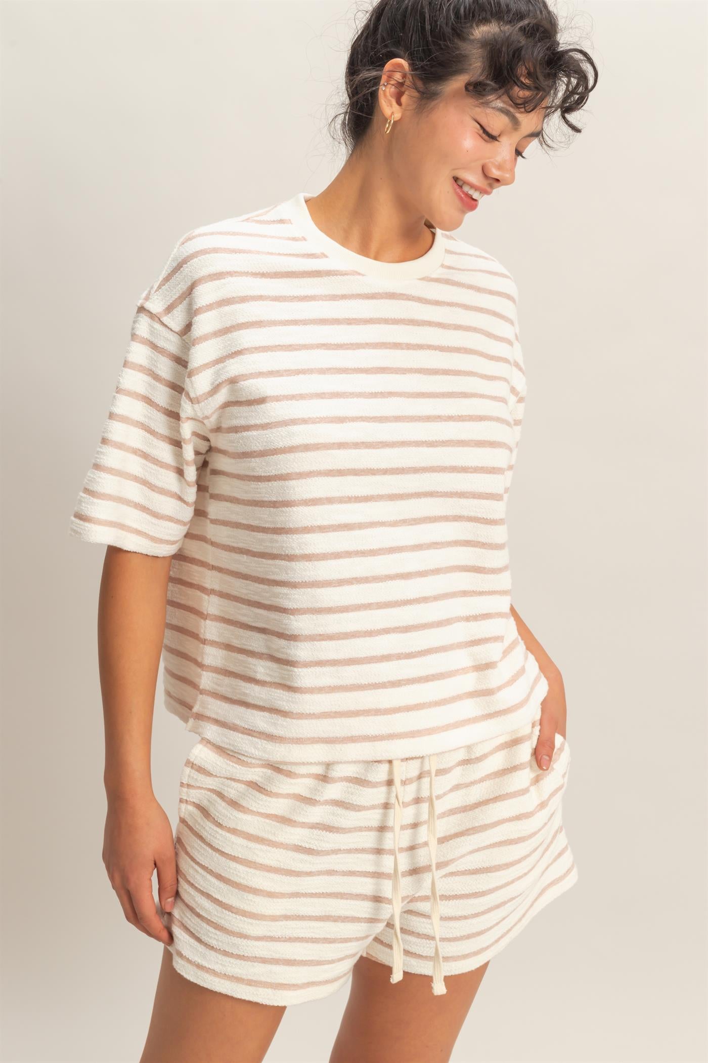 Wholesale Striped Short Sleeve Terry Crew Neck Top Clothing Tops DZ26A887 TAUPE DOUBLE ZERO