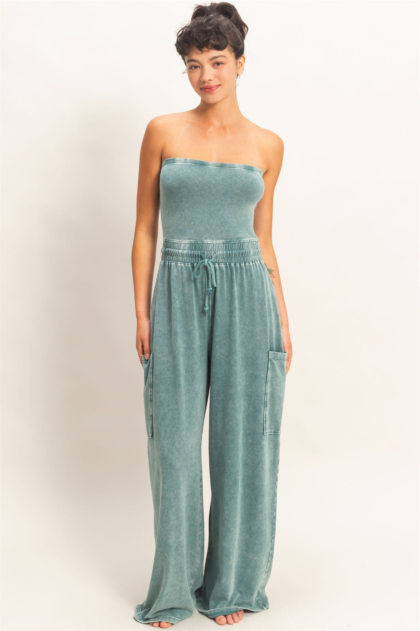 Wholesale Mineral Wash Strapless Wide-Leg Jumpsuit Clothing DZ26C376 DARK TEAL DOUBLE ZERO