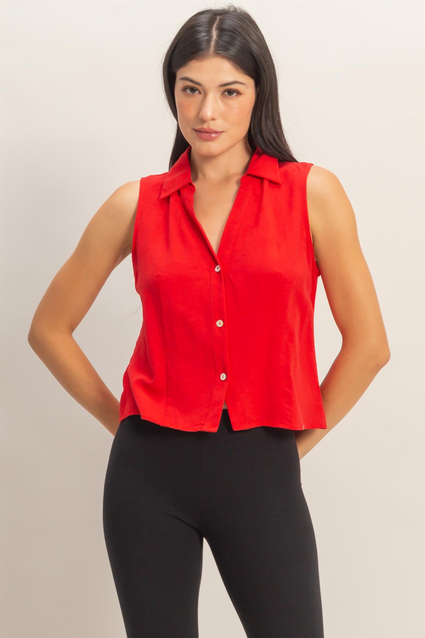 Wholesale Sleeveless Lyocell Linen Button Front Top Clothing Tops DZ26C189 RED DOUBLE ZERO