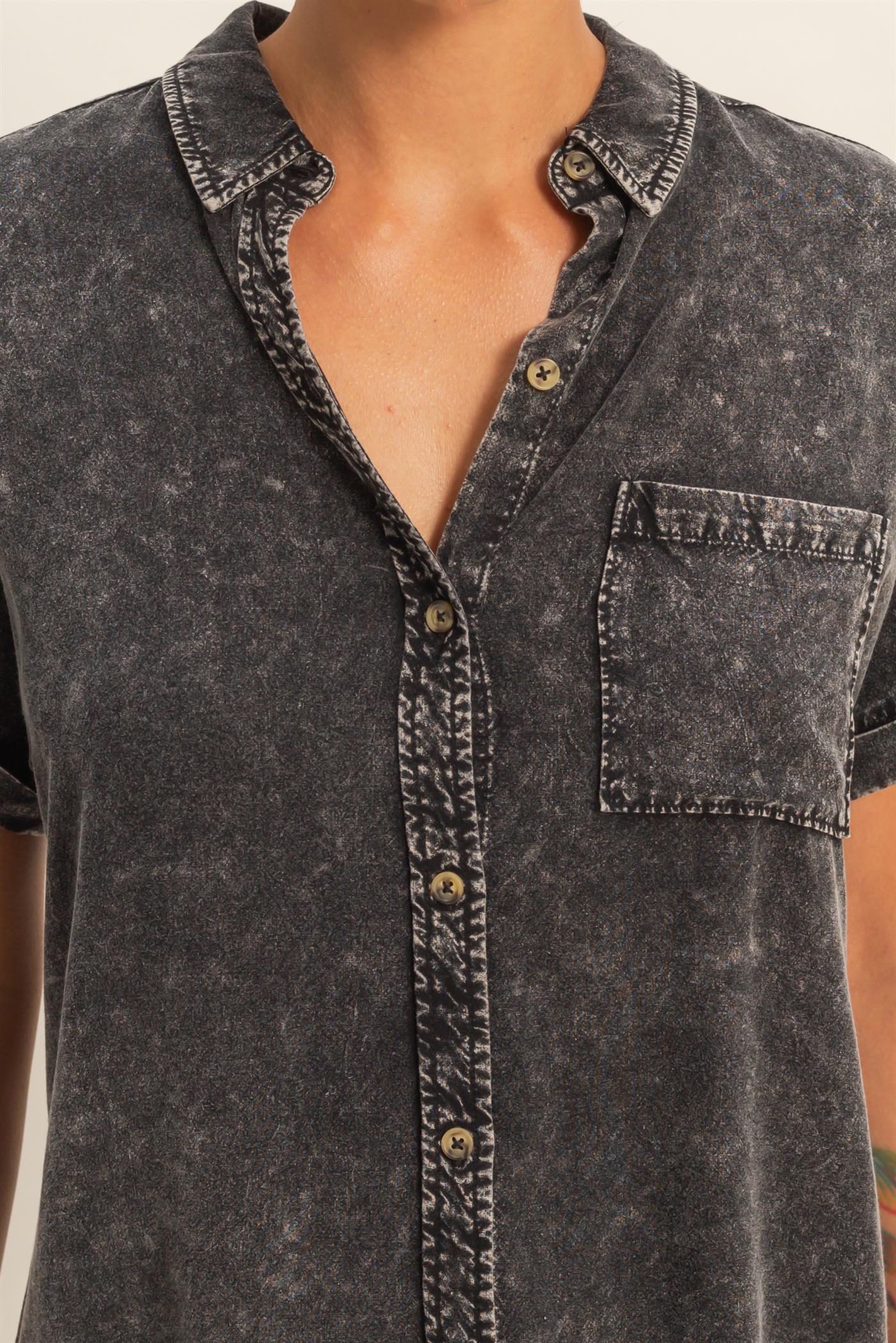 Wholesale Mineral Wash Button-Up Dolman Sleeve Shirt Shirts DZ26C132 BLACK DOUBLE ZERO