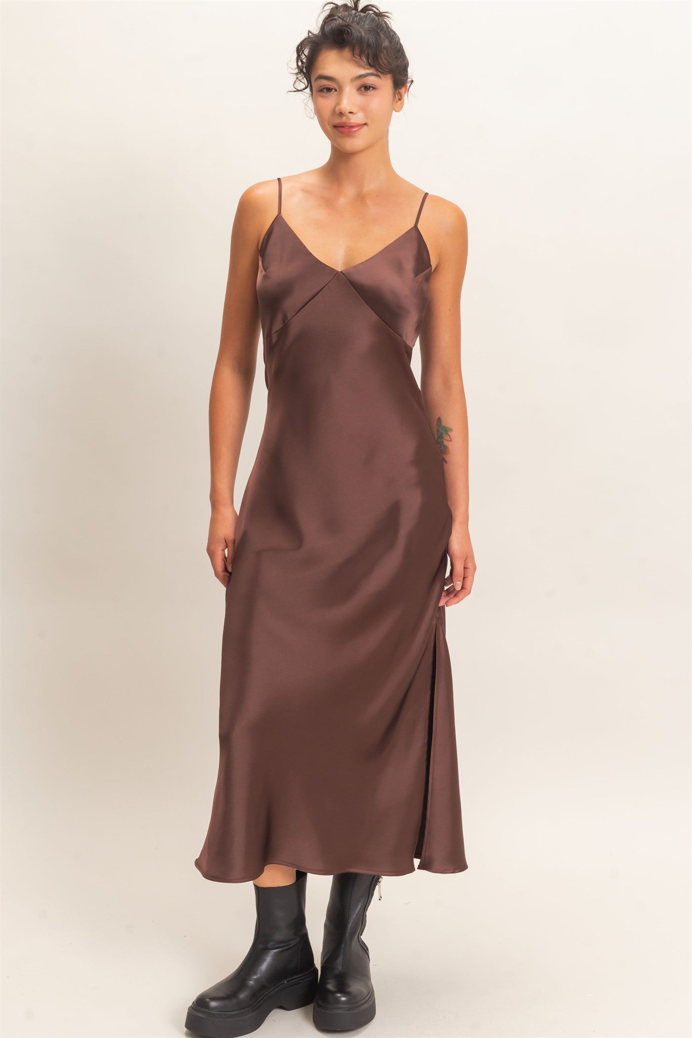 Wholesale Satin V-Neck Slip Dress Dresses DZ26E262 DARK BROWN DOUBLE ZERO