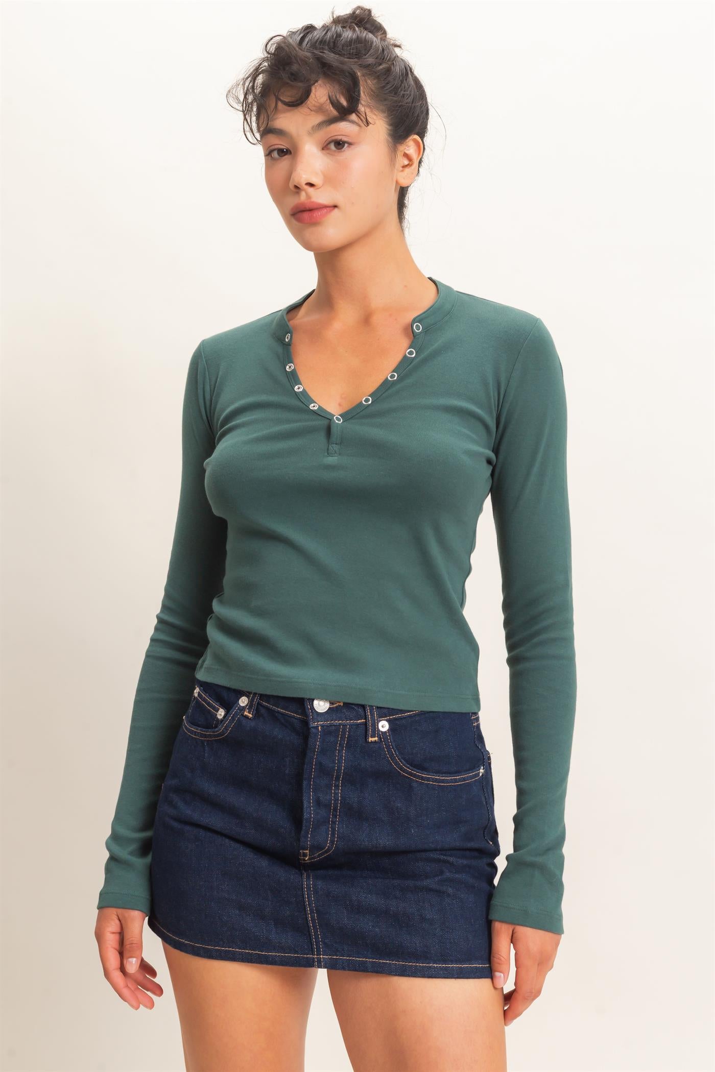 Wholesale Long Sleeve Henley Top Clothing Tops DZ26E865 DARK GREEN DOUBLE ZERO