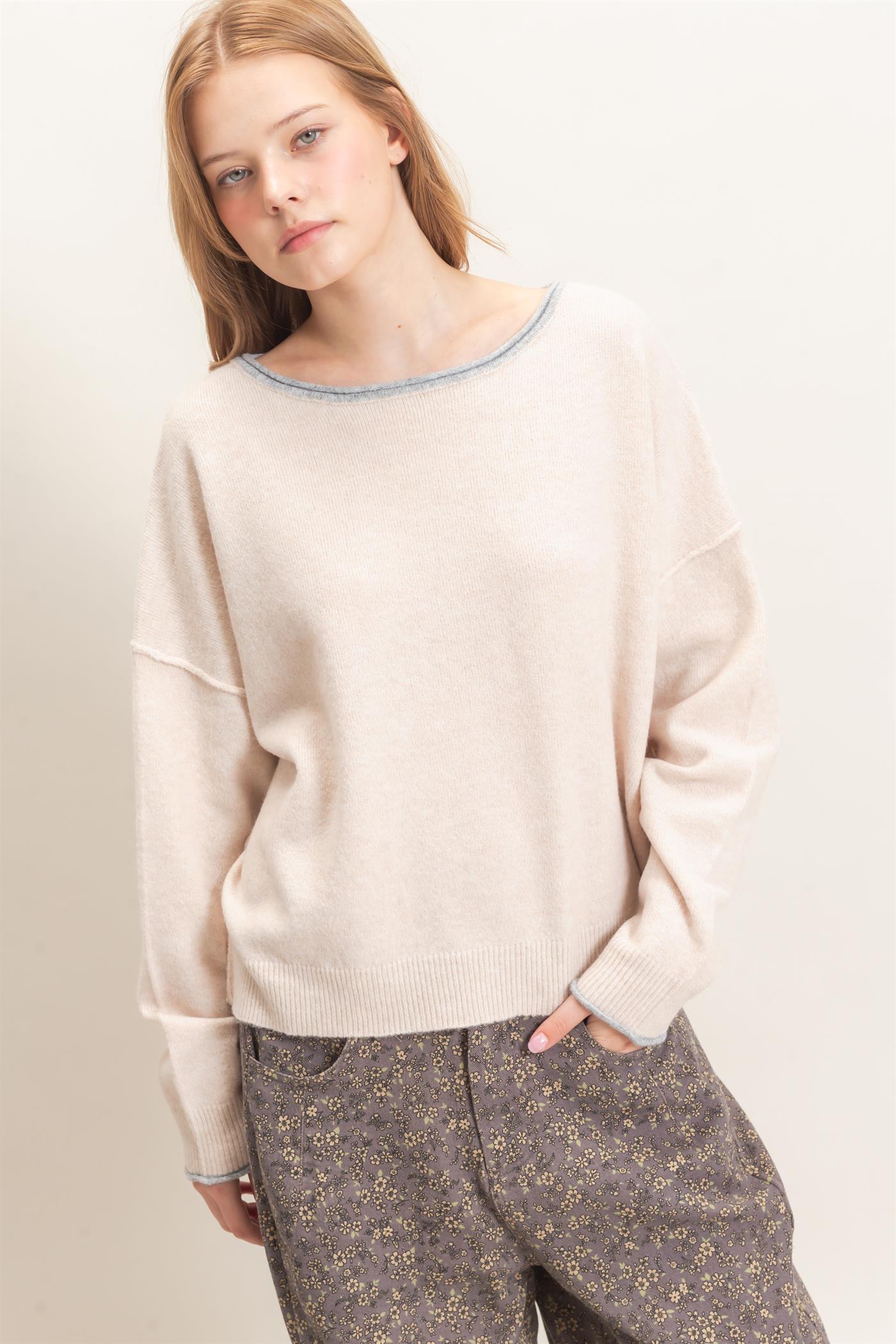 Wholesale Relaxed Wide Neck Knit Sweater Sweaters HF26E066-D ALMOND HYFVE