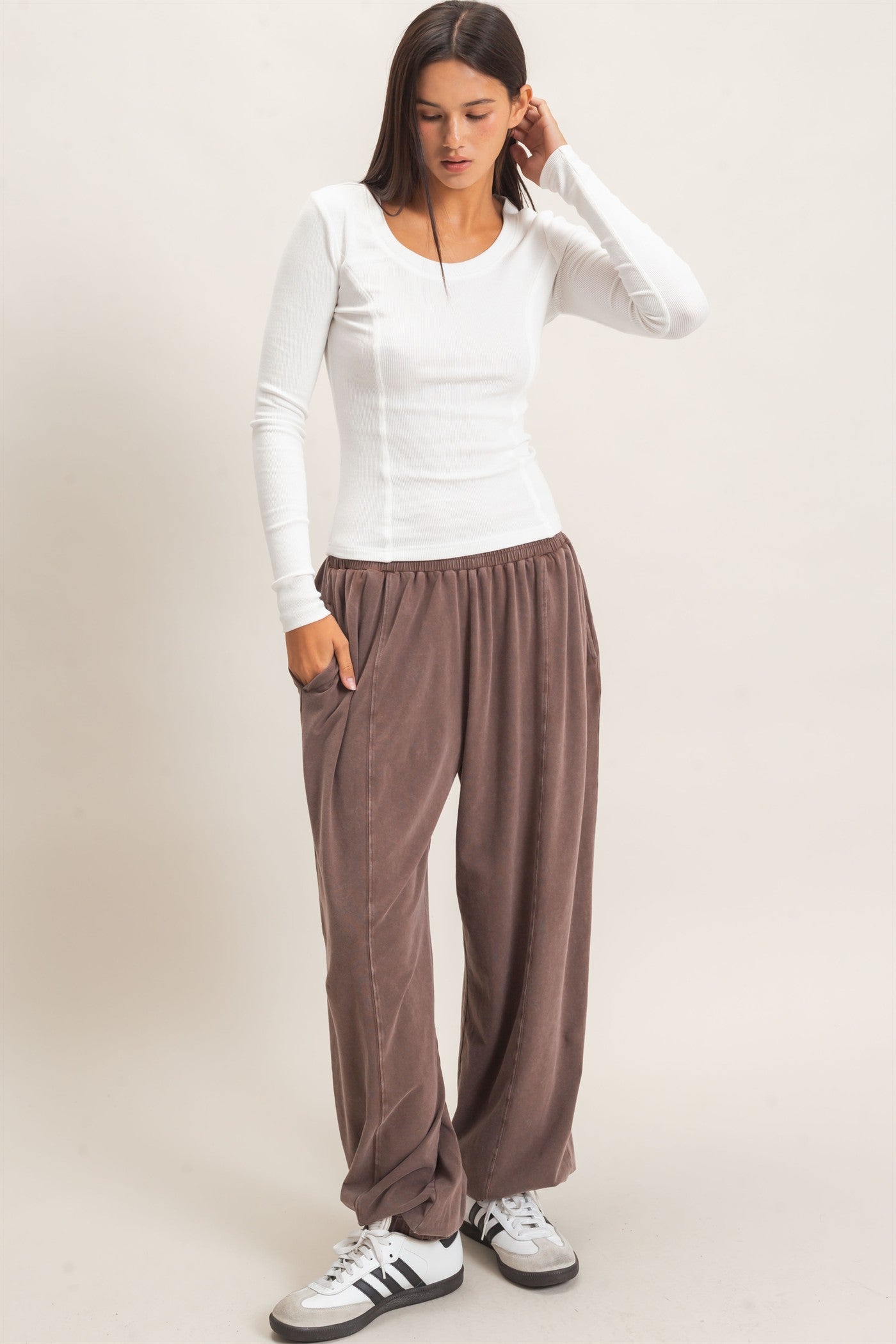 Wholesale Pigment Dye Seam Detail Scoop Neck Top Clothing Tops DZ26E242 WHITE DOUBLE ZERO