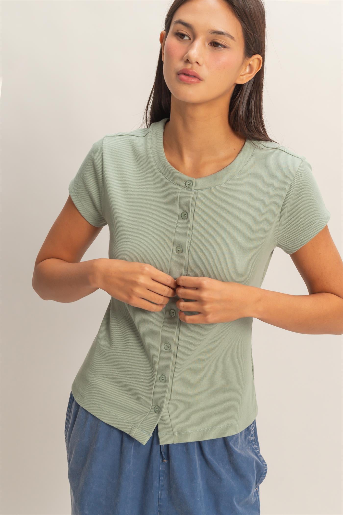 Wholesale Ribbed Button-Front Crew Neck Top Clothing Tops DZ26A727 SAGE GREEN DOUBLE ZERO