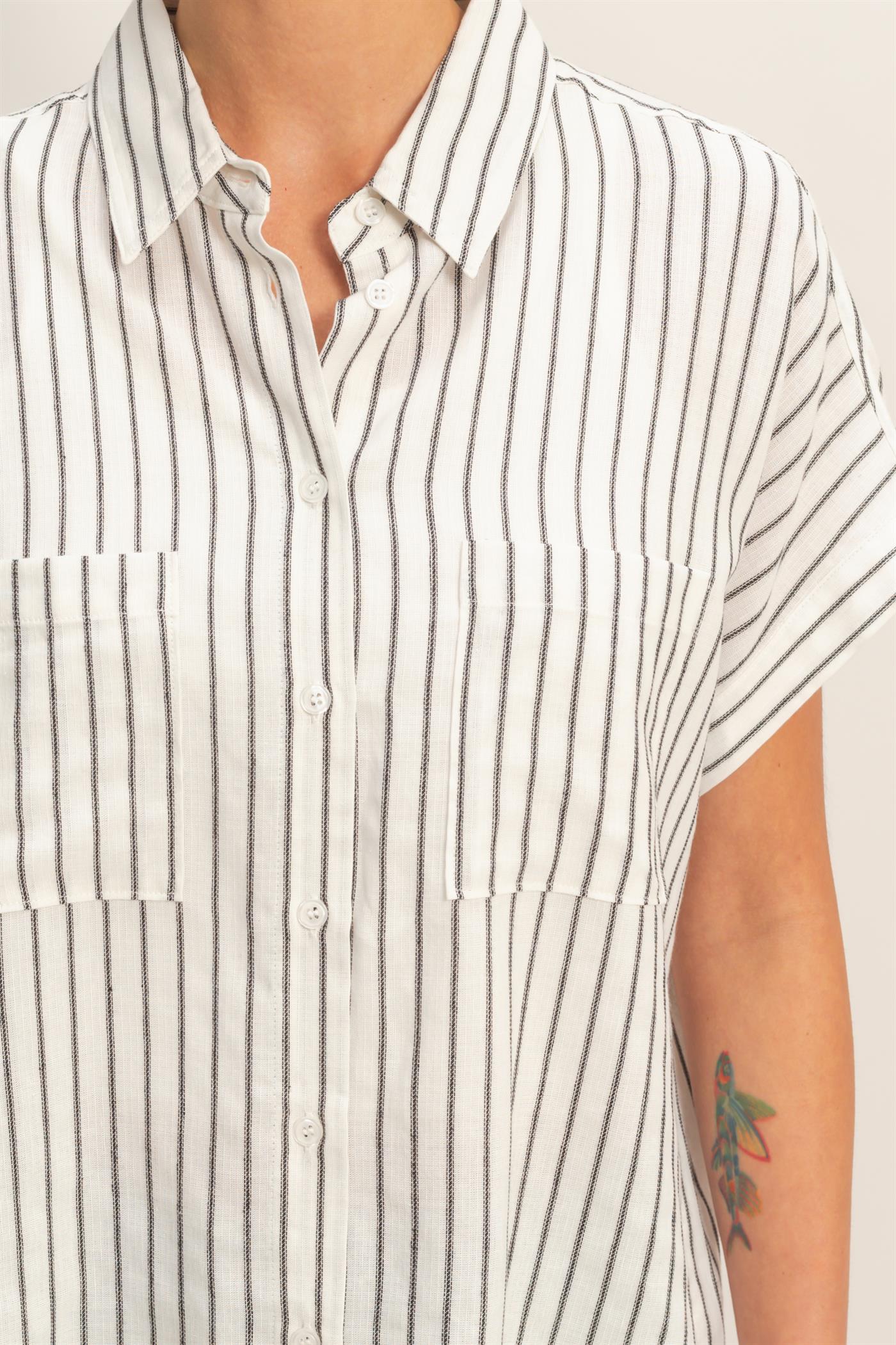 Wholesale Striped Button-Up Dolman Sleeve Shirt Shirts DZ26A207 BLACK DOUBLE ZERO