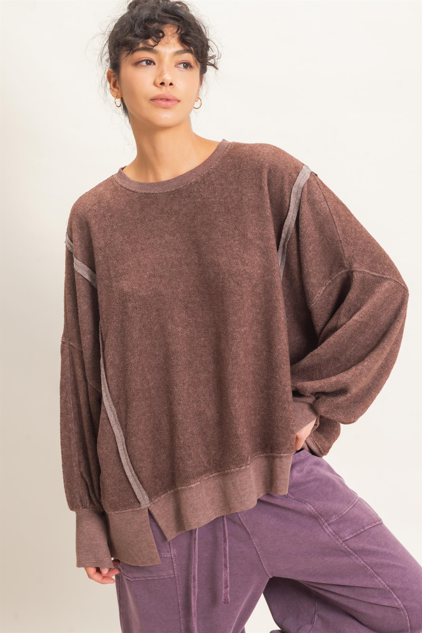 Wholesale Oversized Raw Edge Crew Neck Sweatshirt Sweatshirts DZ26E273 DARK BROWN DOUBLE ZERO