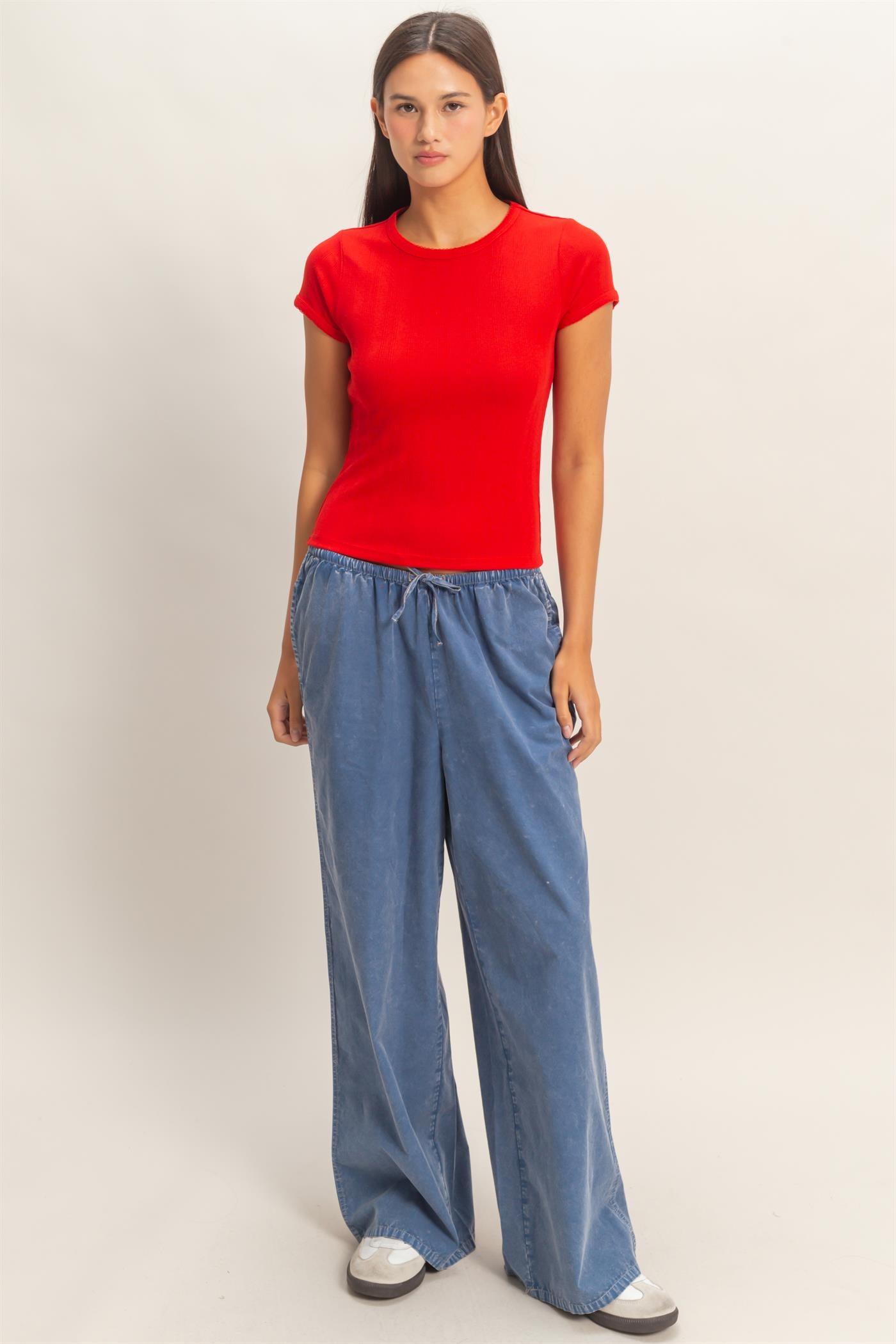 Wholesale Pointelle Short Sleeve Top Clothing Tops DZ26C285 RED DOUBLE ZERO