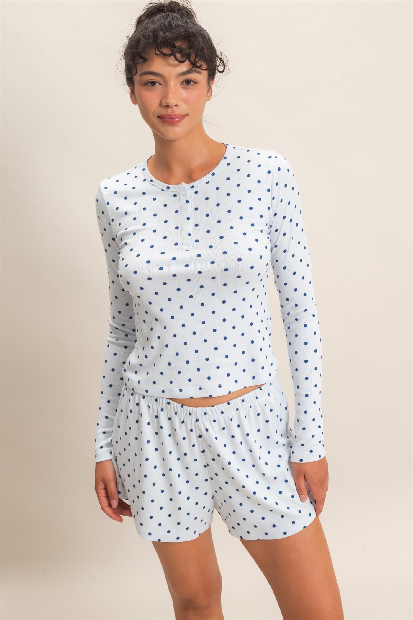 Wholesale Polka Dot Henley Long Sleeve Top & Shorts Set Clothing DZ27A154-SET LIGHT BLUE DOUBLE ZERO