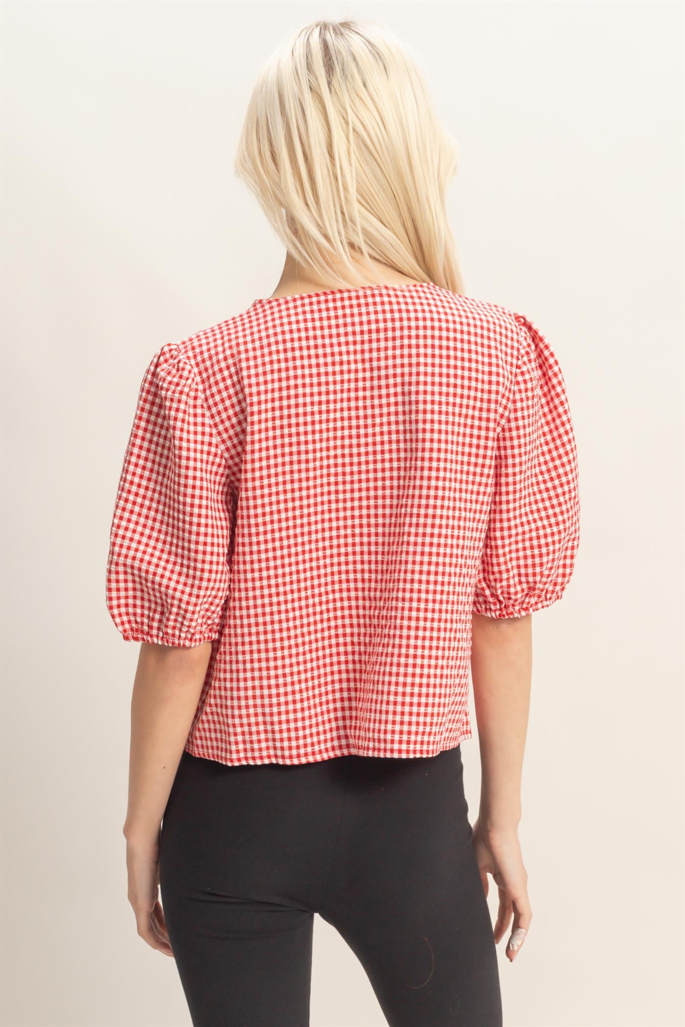 Wholesale Gingham Bow Tie Puff Sleeve Blouse Blouses DZ26C229 RED DOUBLE ZERO