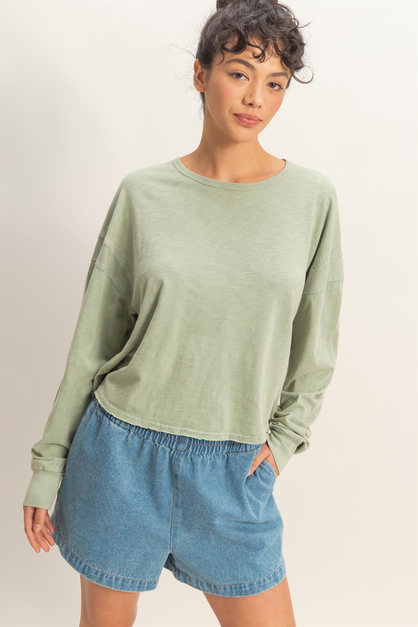 Wholesale Cross Detail Open Back Long-Sleeve Top Clothing Tops DZ26C731 SAGE GREEN DOUBLE ZERO