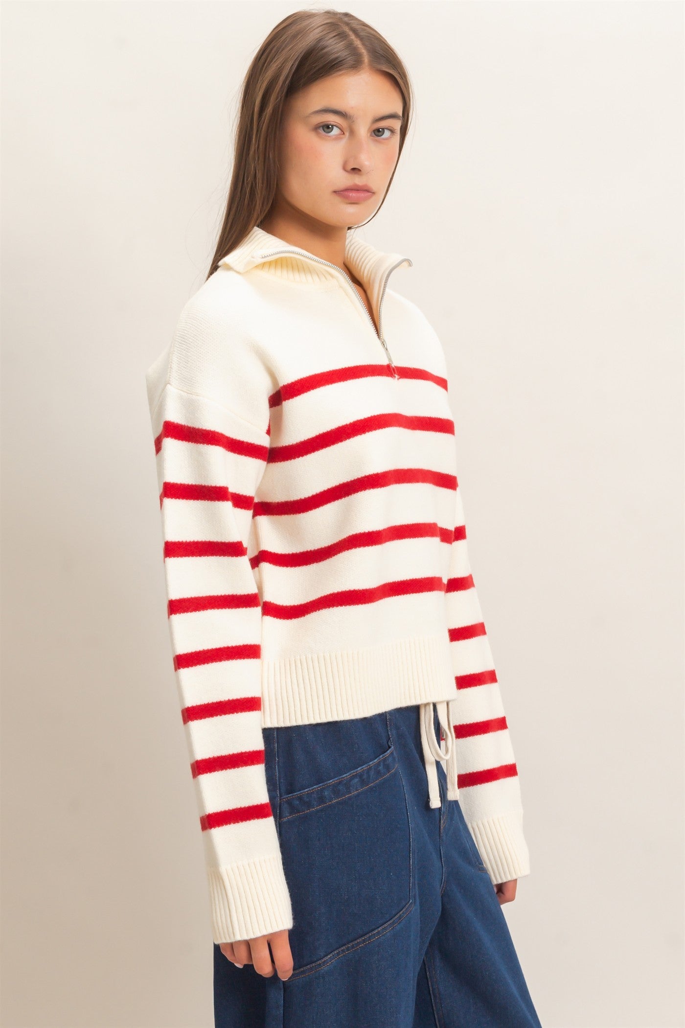 Wholesale Half-Zip Collared Stripe Sweater Sweaters DZ26E950 RED DOUBLE ZERO