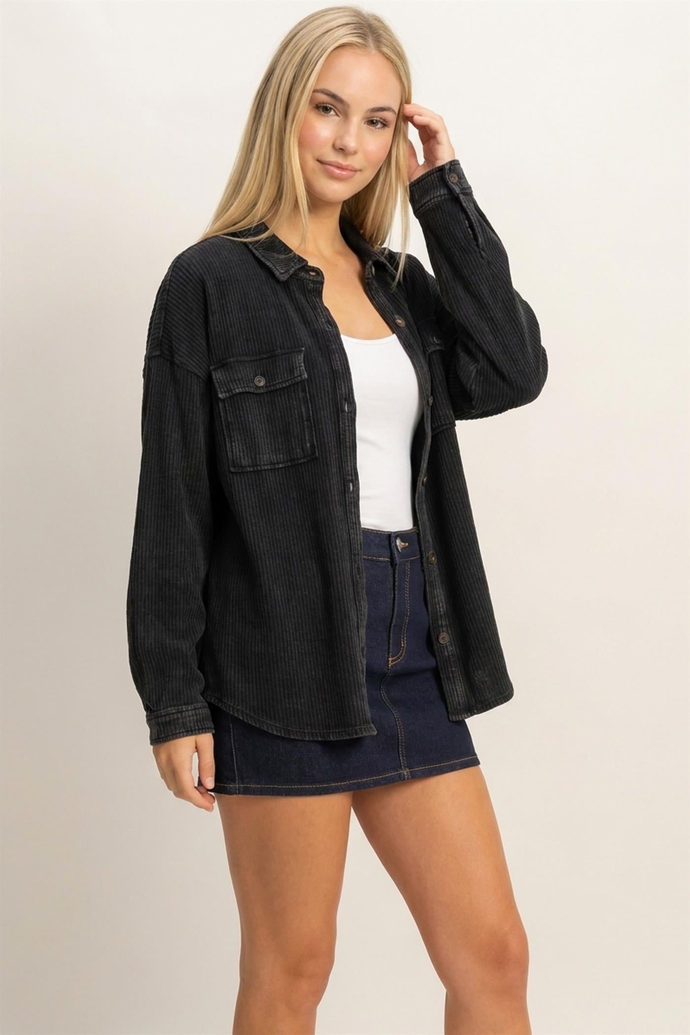 Wholesale Mineral Wash Waffle Knit Button-Up Shacket Coats & Jackets DZ26E249 BLACK DOUBLE ZERO