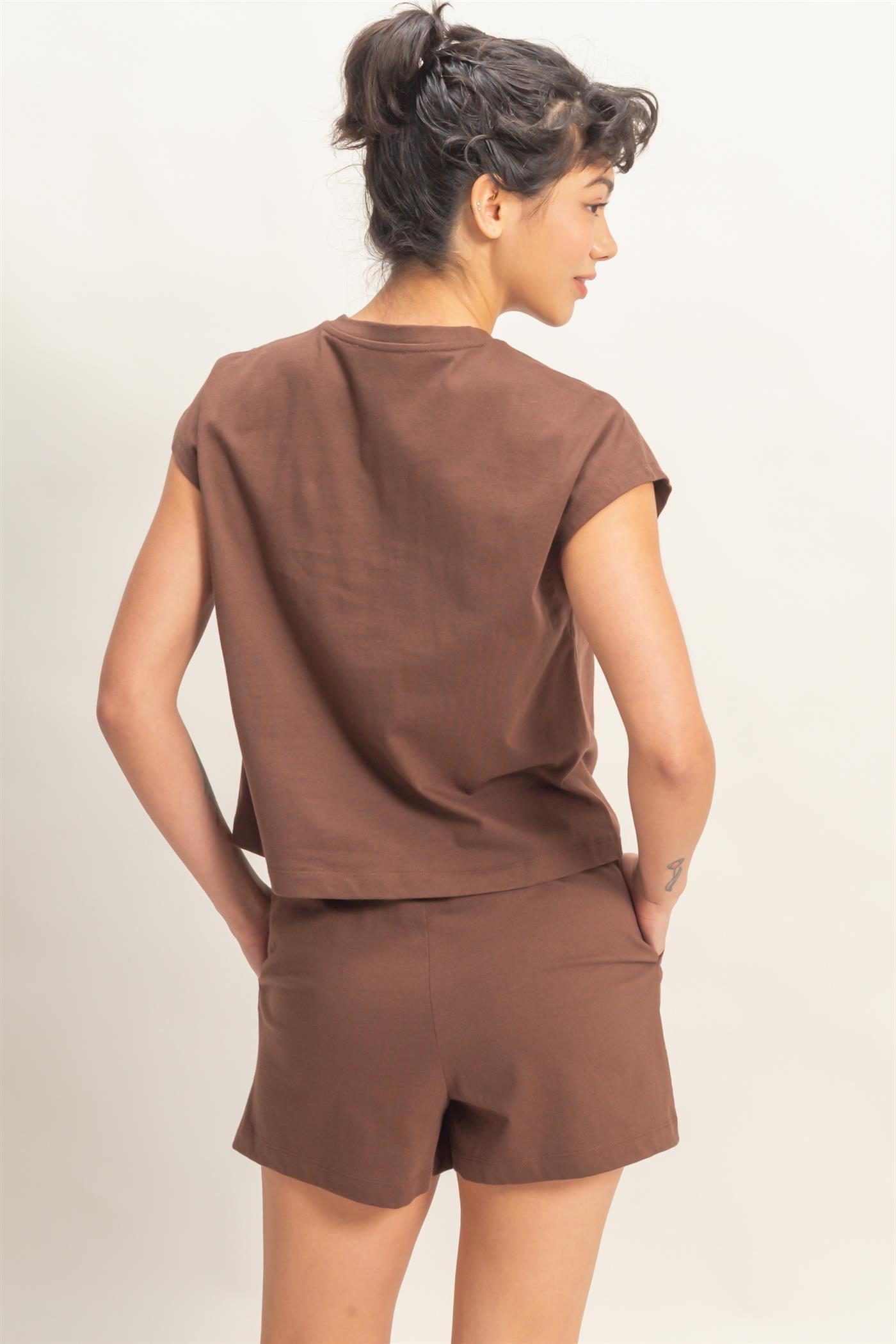 Wholesale Cap Sleeve Boxy Top And Shorts Set Clothing DZ26C543-SET CHOCOLATE DOUBLE ZERO
