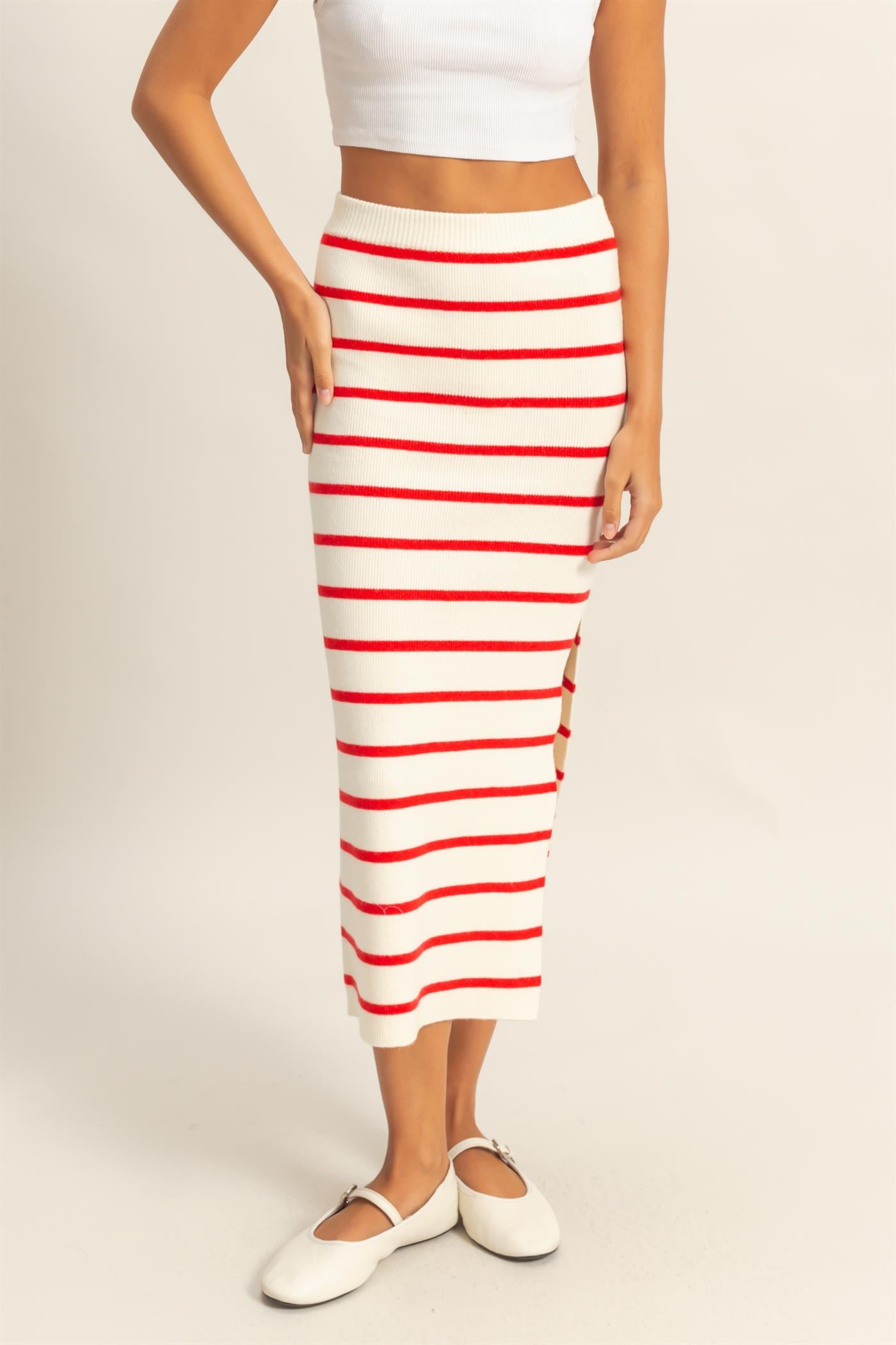 Wholesale Striped High Waist Bodycon Sweater Skirt Skirts DZ25A637 RED/CREAM DOUBLE ZERO