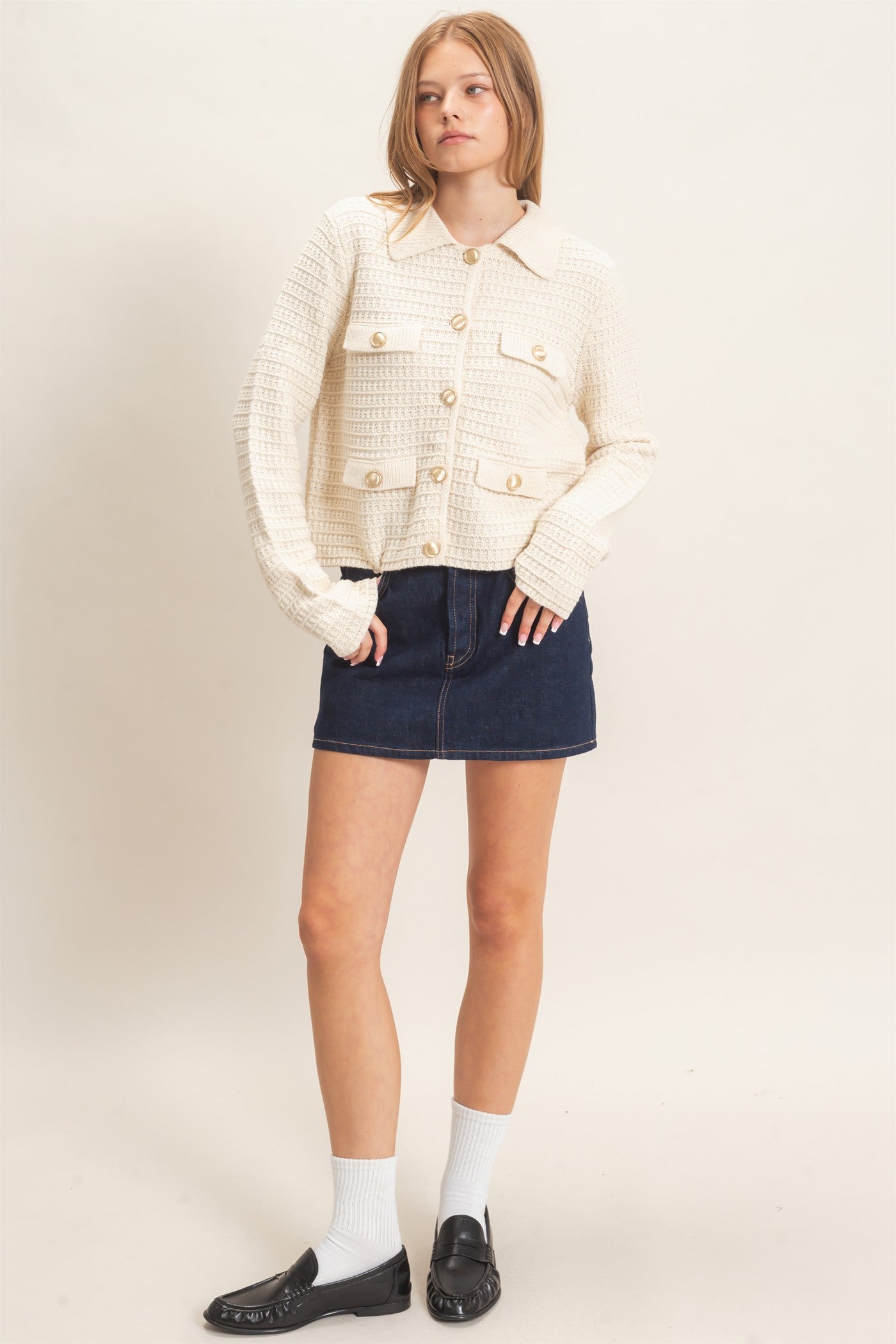 Wholesale Textured Collared Sweater Jacket Cardigans HF26F190 CREAM HYFVE