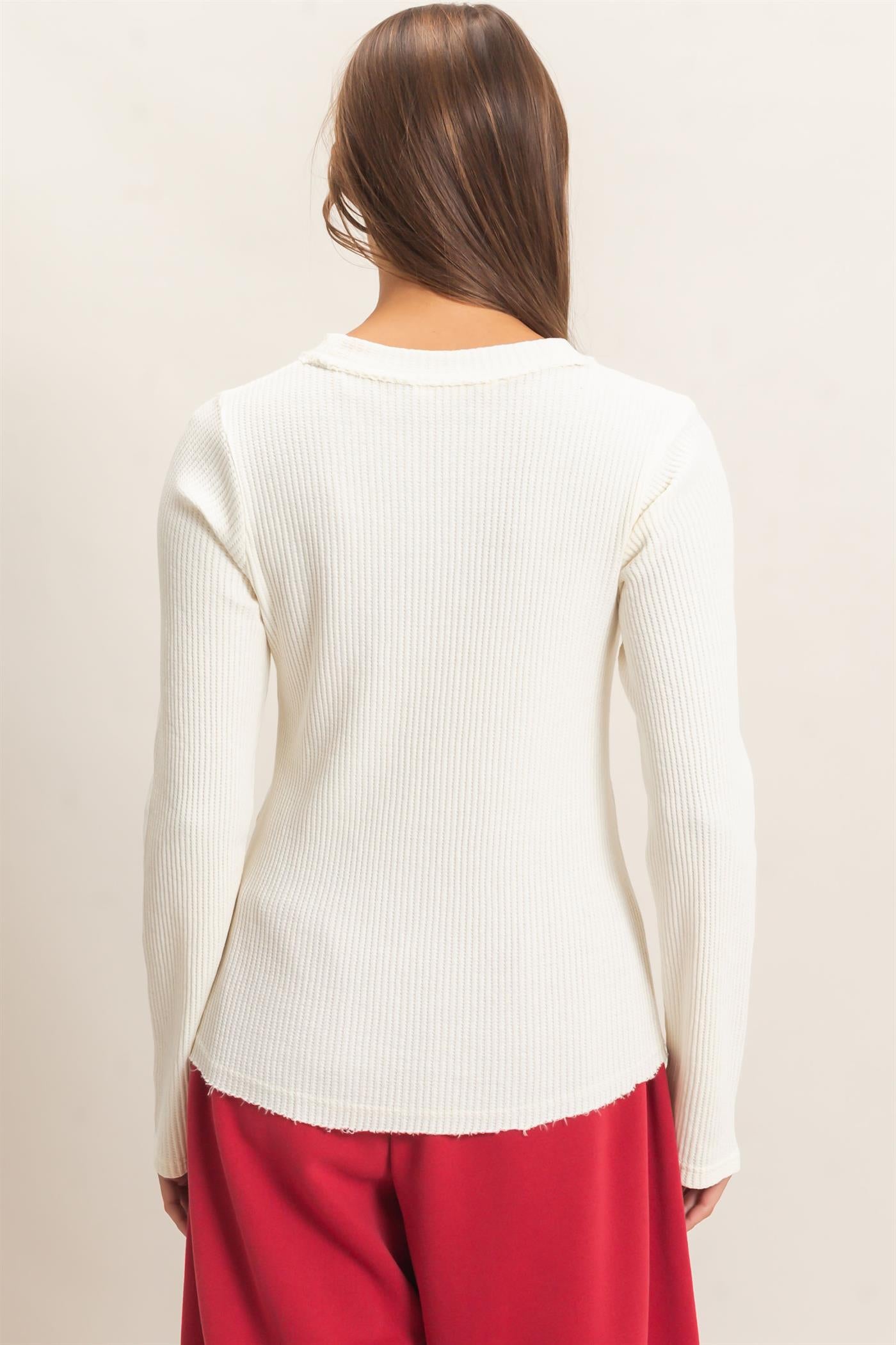 Wholesale Mineral Wash Waffle Henley Long Sleeve Top Clothing Tops DZ26E243 CREAM DOUBLE ZERO