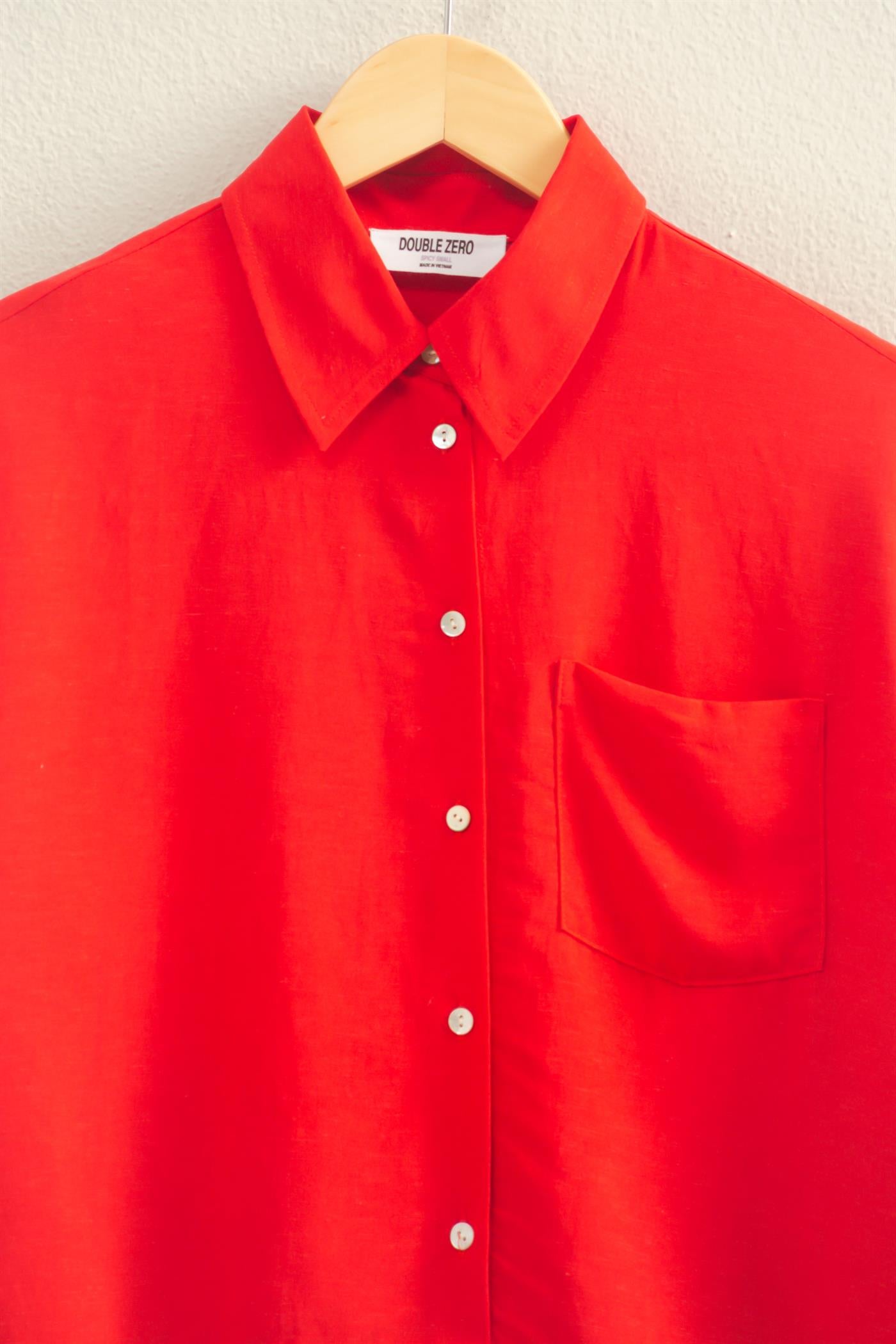 Wholesale Linen Blend Cropped Button-Up Shirt With Pocket Clothing Tops DZ26A583 RED DOUBLE ZERO