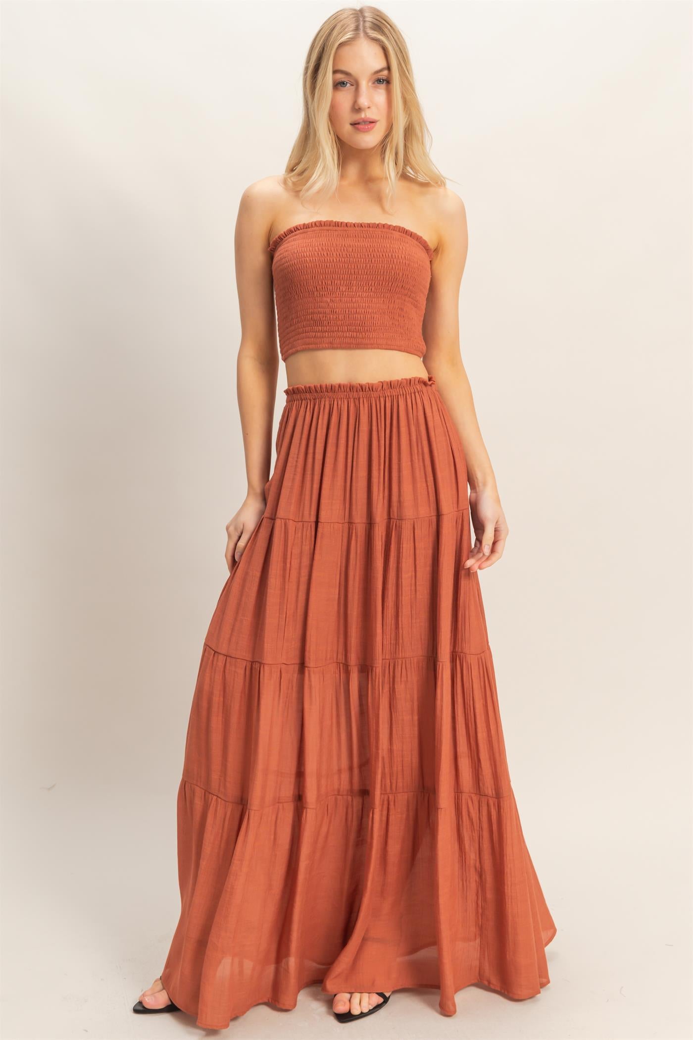 Wholesale Smocked Tube Top & Tiered Skirt Set Clothing HF26C289-SET-D RUST HYFVE