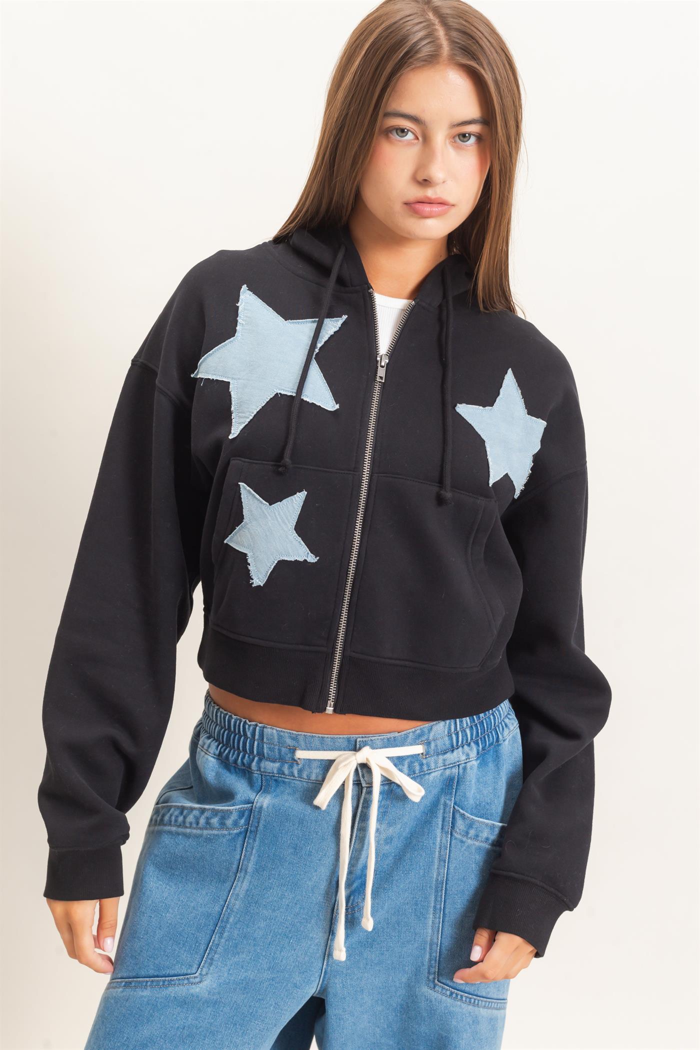 Wholesale Star Patch Zip-Up Hoodie Hoodies DZ26E828 BLACK DOUBLE ZERO