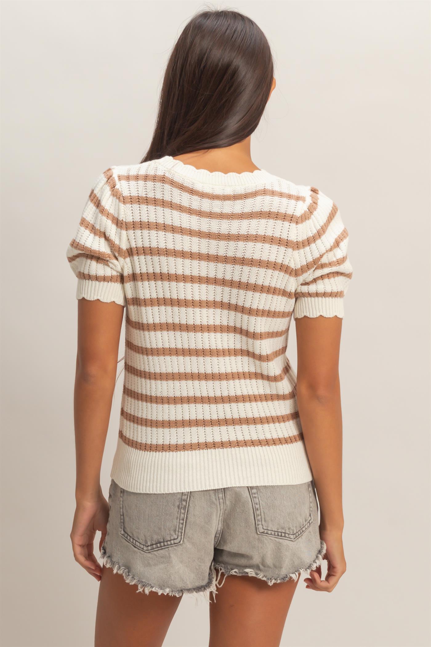 Wholesale Striped Scallop Edge Puff Sleeve Knit Top Shirts DZ26A284 TAUPE DOUBLE ZERO