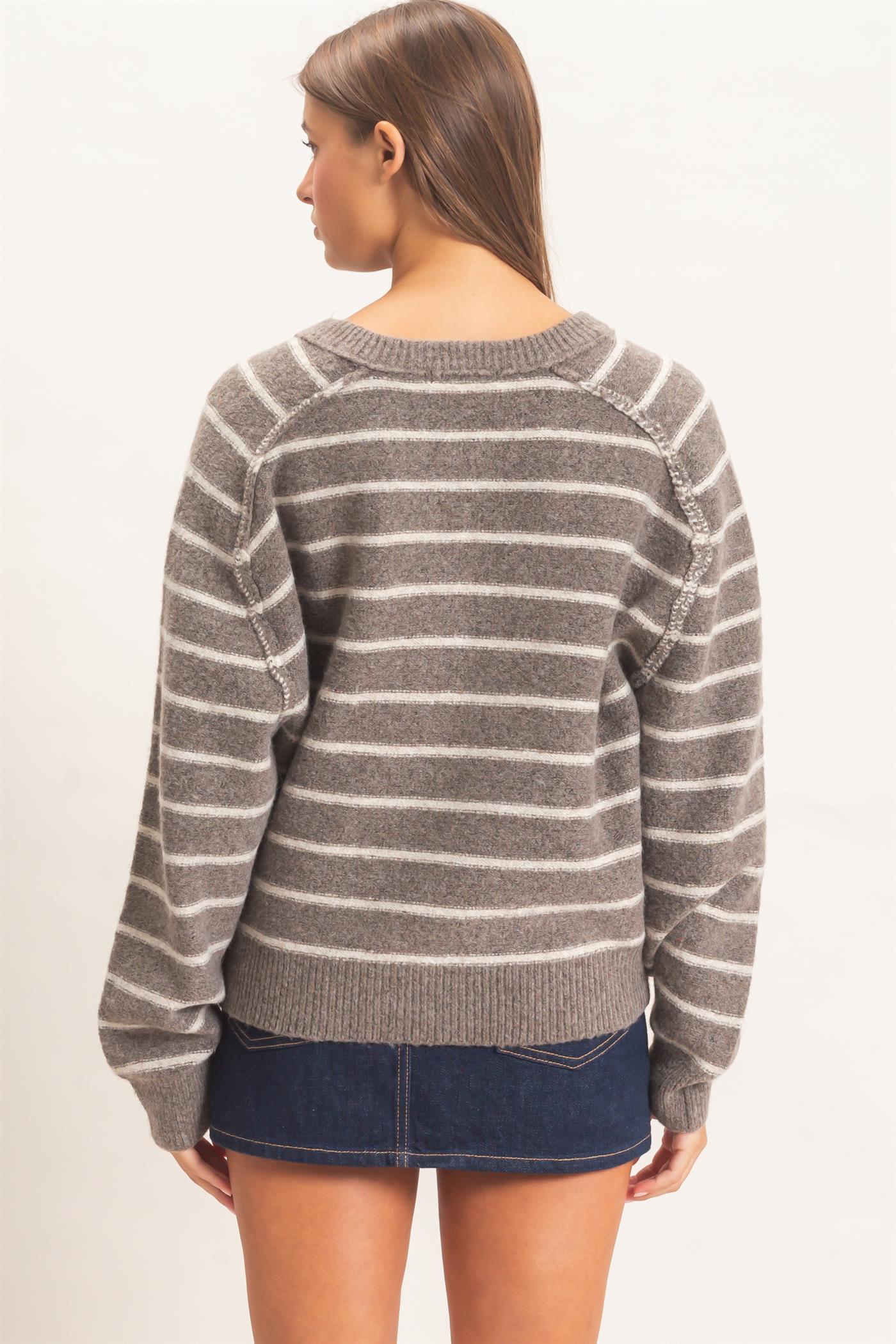 Wholesale Stripe Henley Sweater Sweaters DZ26F002 ASH BROWN DOUBLE ZERO